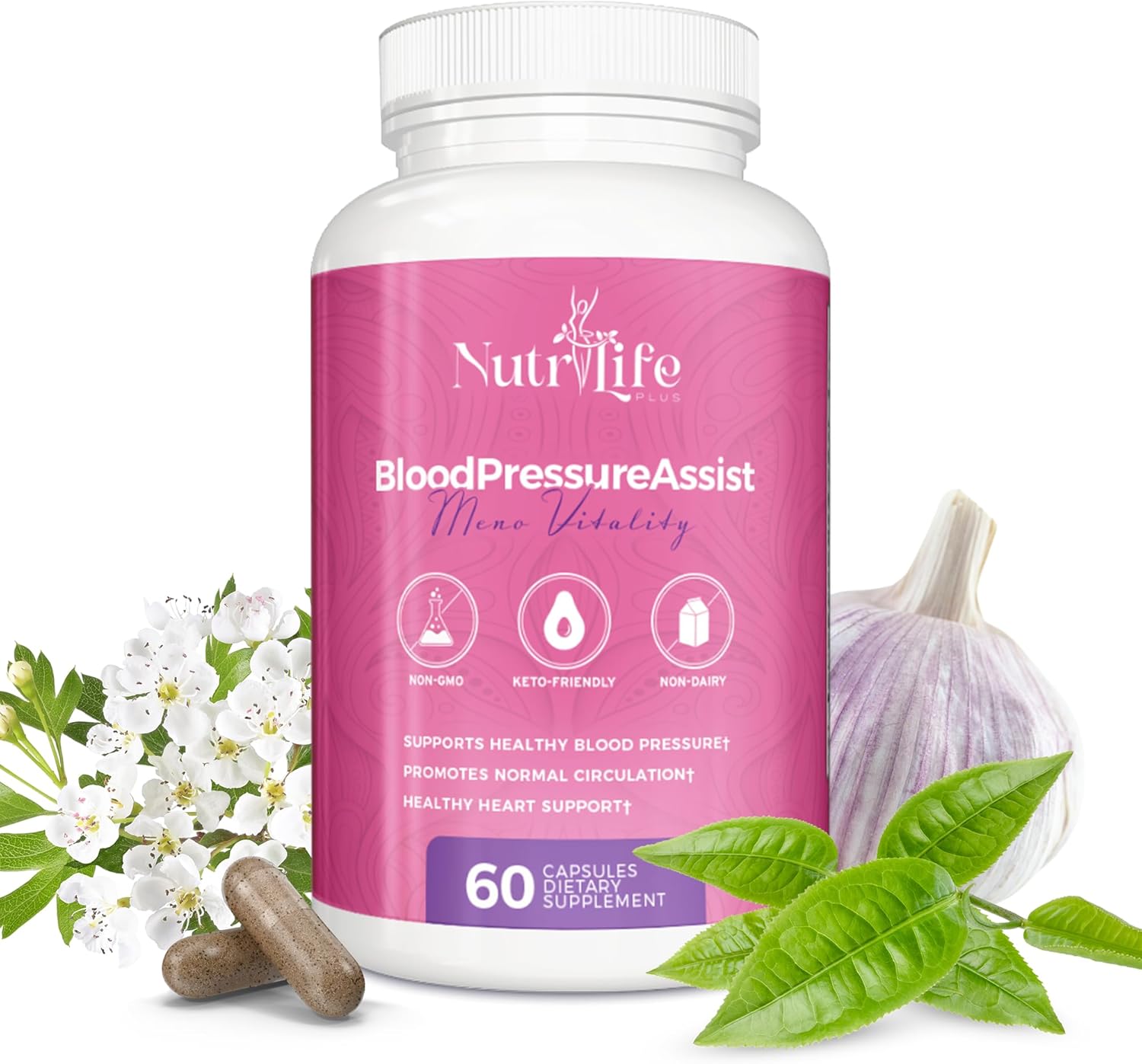 Nutrilife Plus Blood Pressure Support Supplement with Hawthorne Extract, Vitamin C, Folate, and Garlic Powder - Supports Heart Health and Circulation