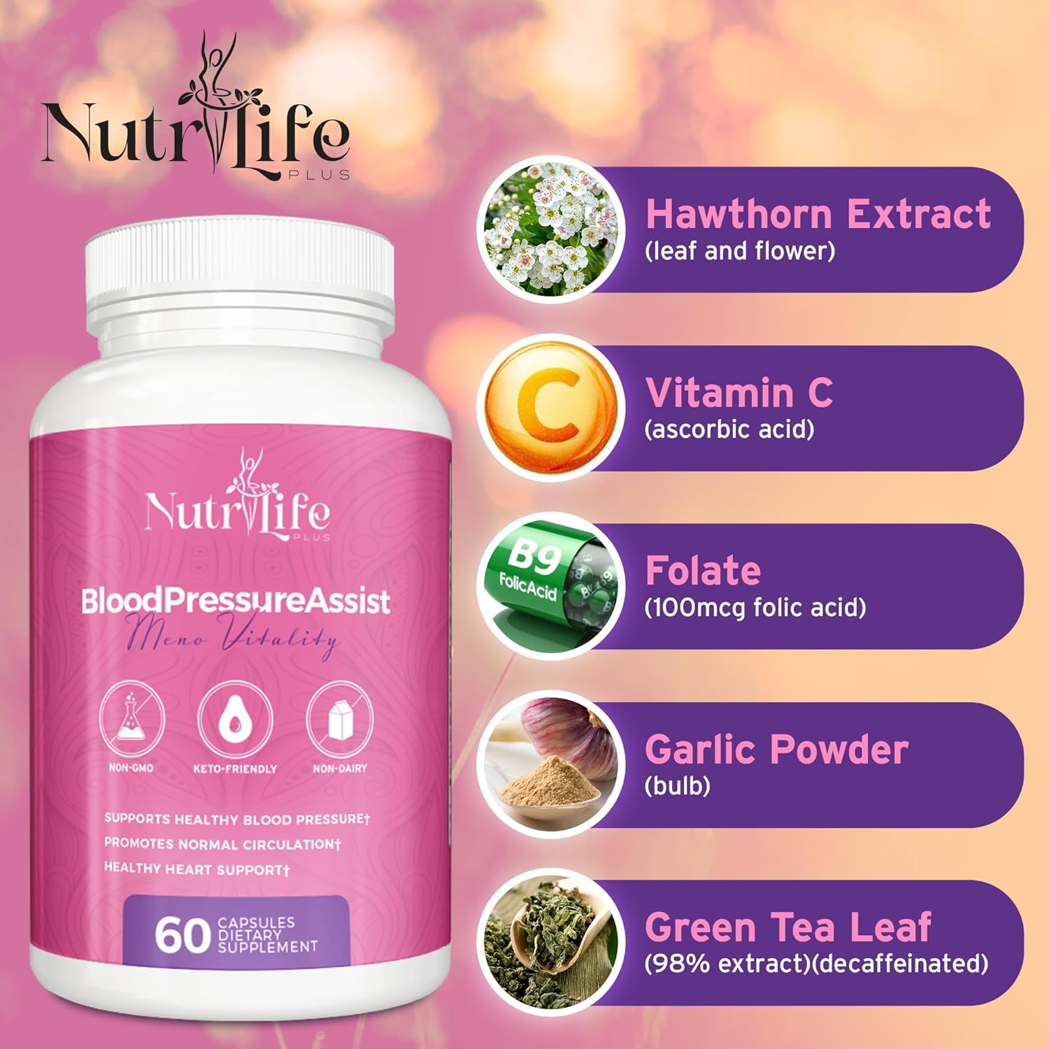 Nutrilife Plus Blood Pressure Support Supplement with Hawthorne Extract, Vitamin C, Folate, and Garlic Powder - Supports Heart Health and Circulation