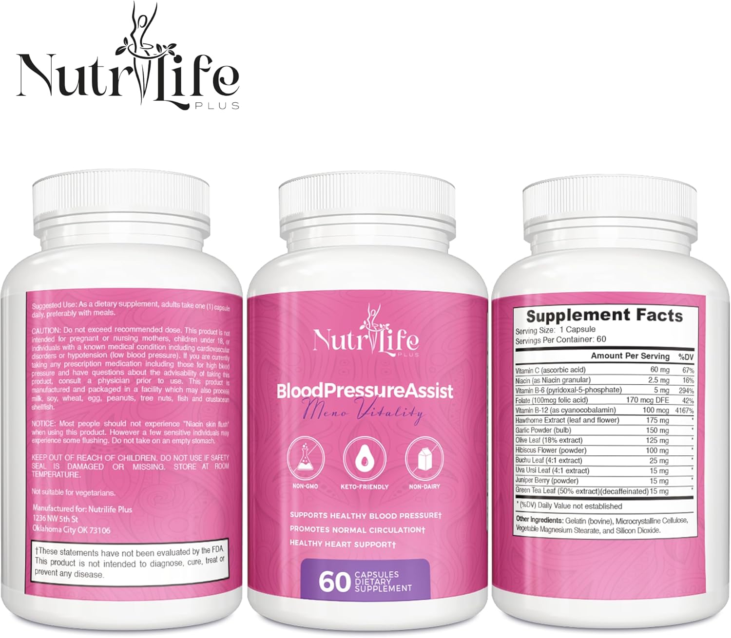 Nutrilife Plus Blood Pressure Support Supplement with Hawthorne Extract, Vitamin C, Folate, and Garlic Powder - Supports Heart Health and Circulation