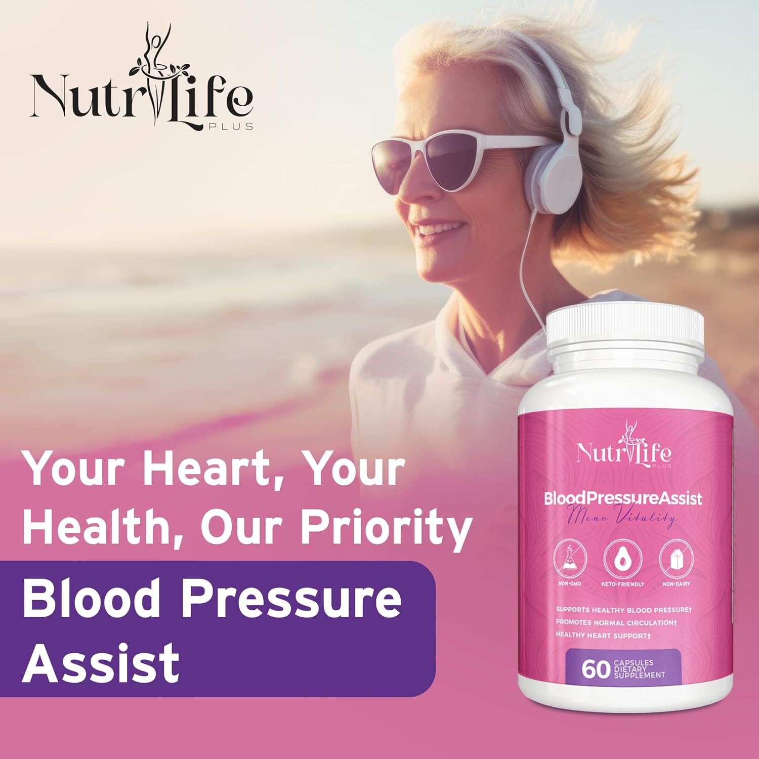 Nutrilife Plus Blood Pressure Support Supplement with Hawthorne Extract, Vitamin C, Folate, and Garlic Powder - Supports Heart Health and Circulation