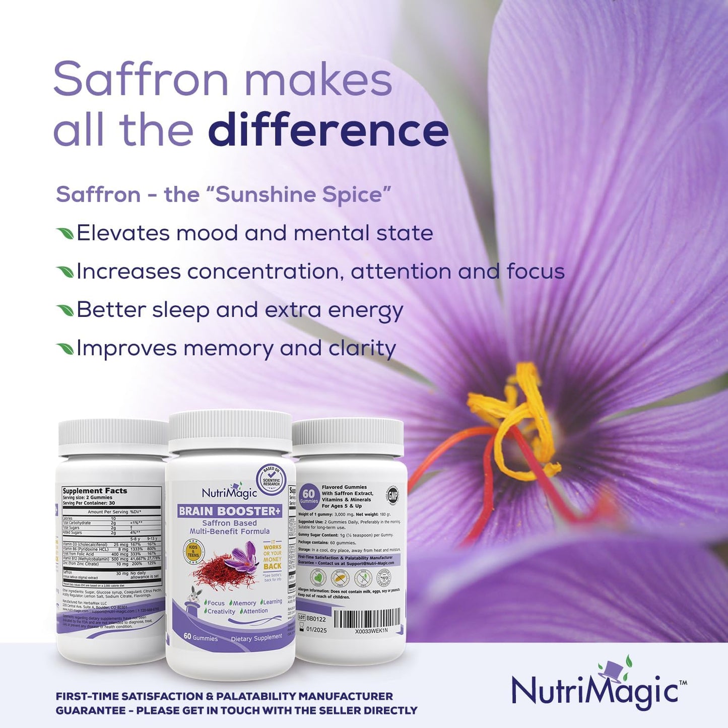 NutriMagic Kids Brain Booster Gummies with Saffron Extract Nootropic and Multivitamin for Focus, Memory, and Mood Support - 60 Count
