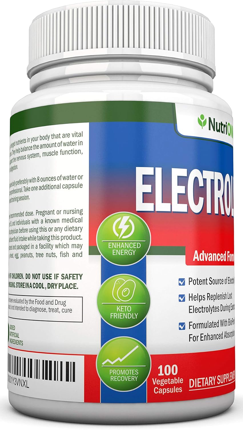 NutriONN Electrolyte Replacement Capsules - Natural Keto-Friendly Pills for Hydration and Revitalization - Potassium, Magnesium, Sodium Salts - 100 Capsules