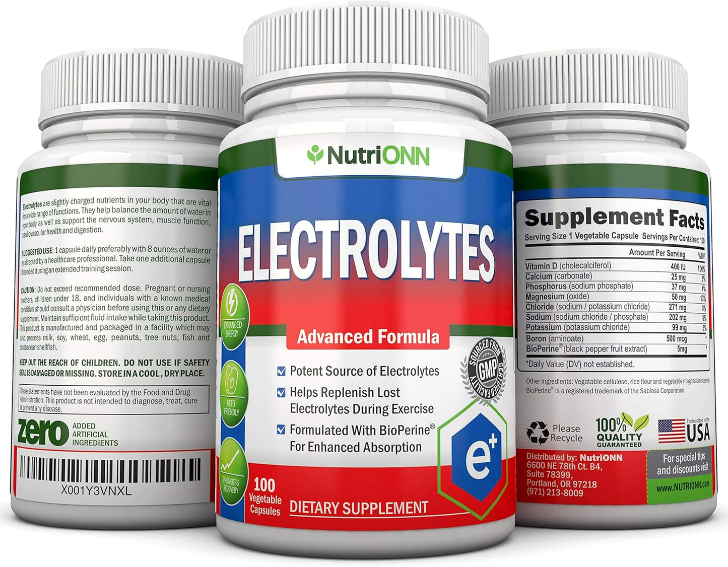 NutriONN Electrolyte Replacement Capsules - Natural Keto-Friendly Pills for Hydration and Revitalization - Potassium, Magnesium, Sodium Salts - 100 Capsules