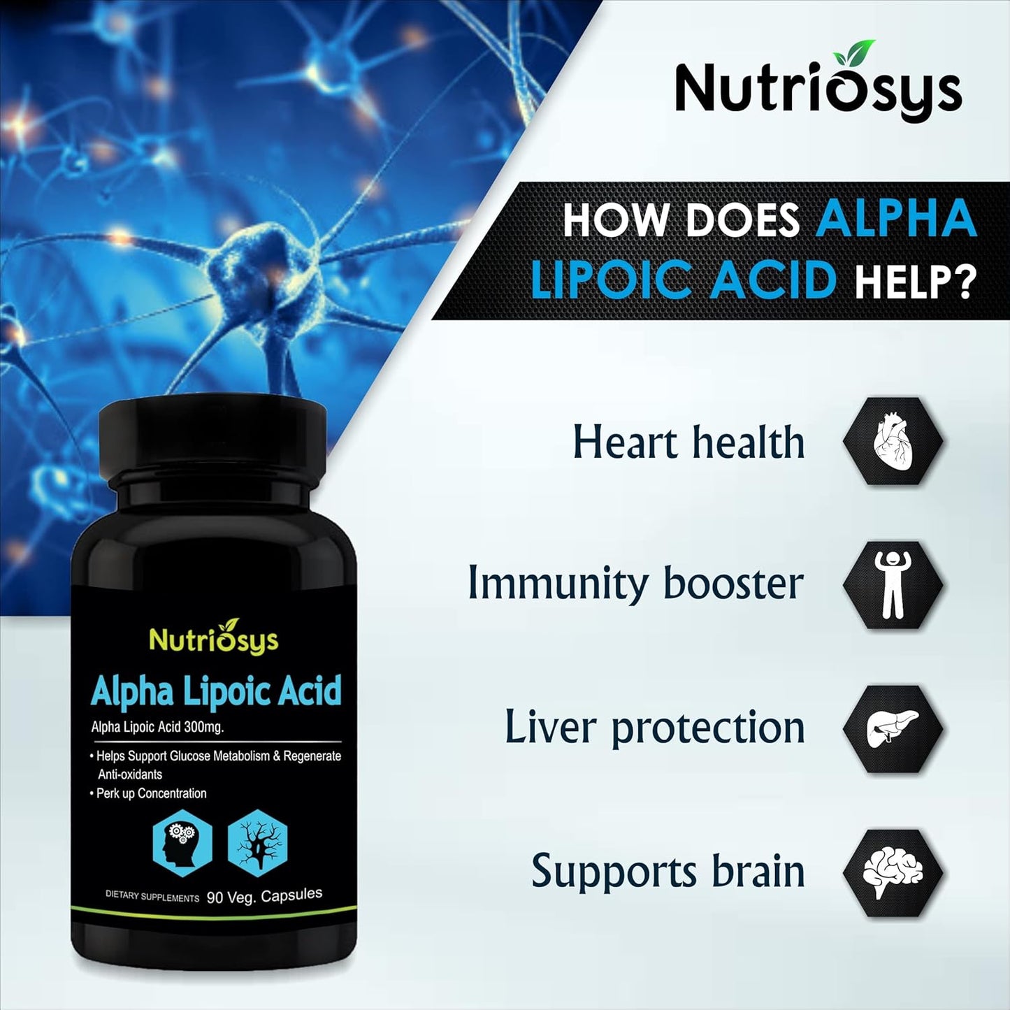 Nutriosys Alpha Lipoic Acid Supplement - 300mg - 90 Vegetarian Capsules - Single Pack