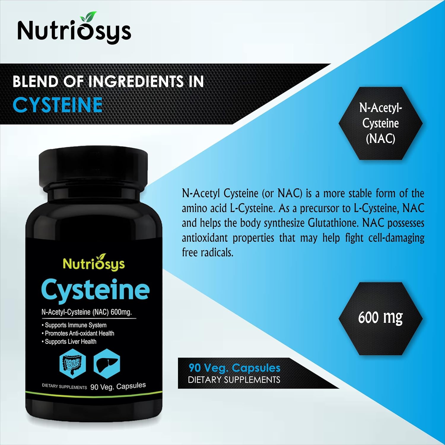 Nutriosys Cysteine 600mg - 90 Vegetarian Capsules for Immune System Support