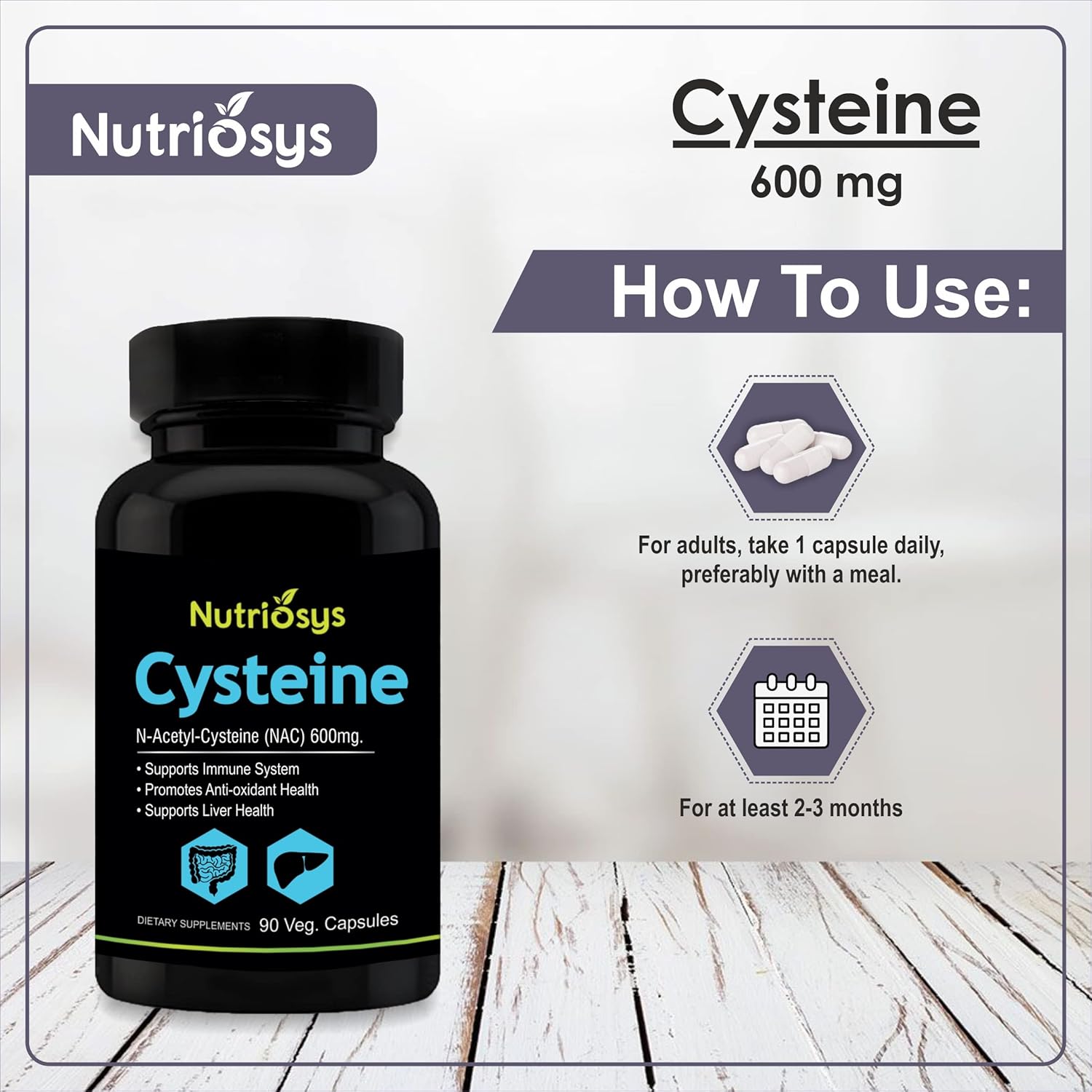 Nutriosys Cysteine 600mg - 90 Vegetarian Capsules for Immune System Support