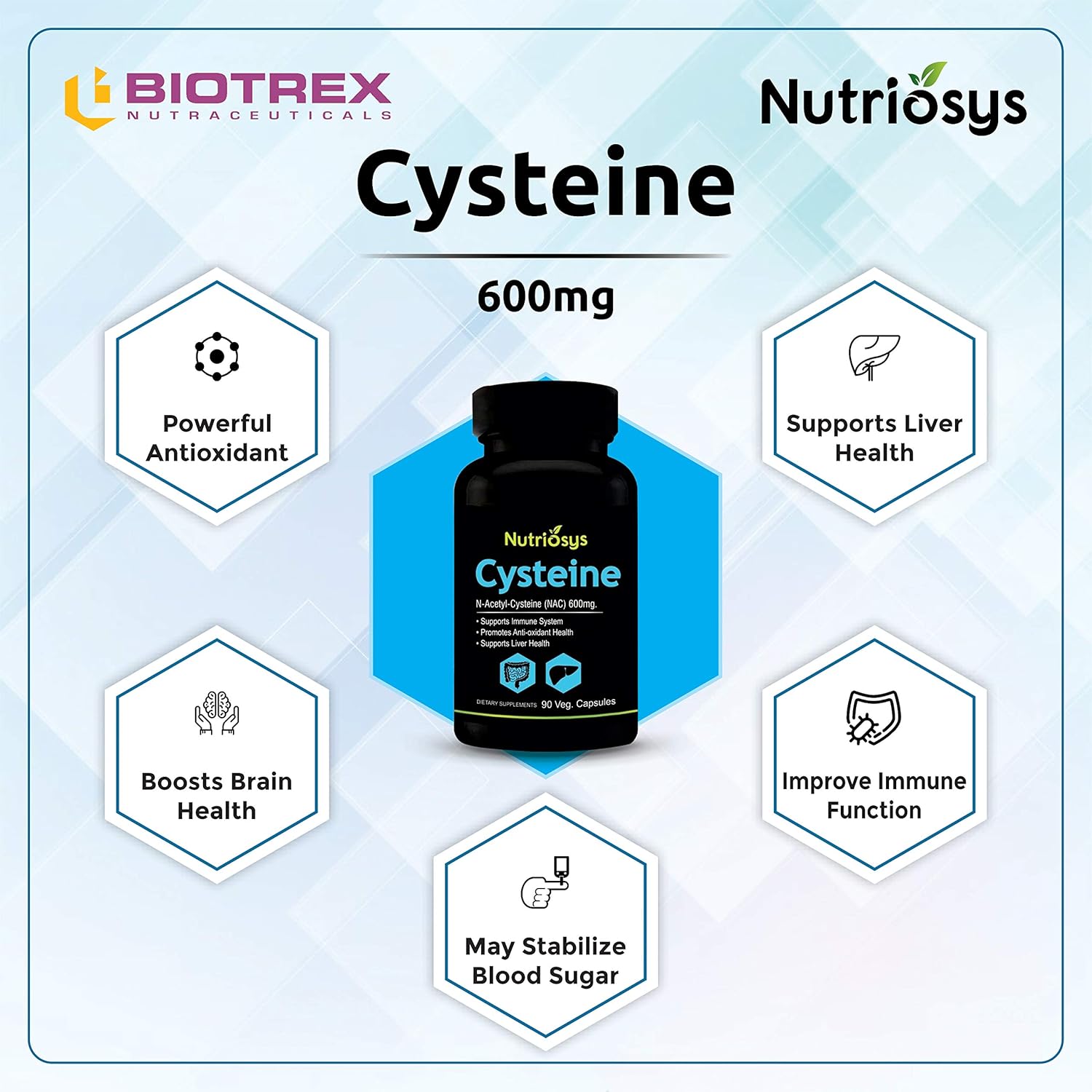 Nutriosys Cysteine 600mg - 90 Vegetarian Capsules for Immune System Support