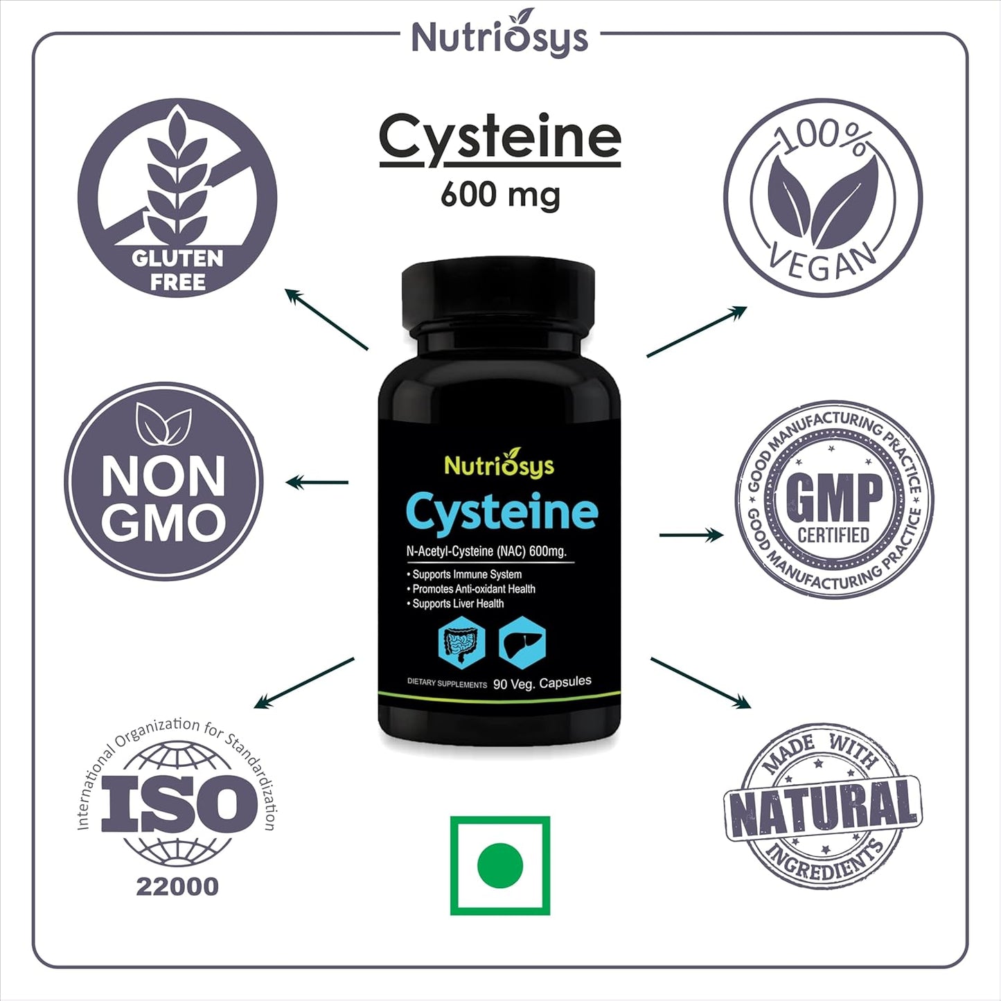 Nutriosys Cysteine 600mg - 90 Vegetarian Capsules for Immune System Support