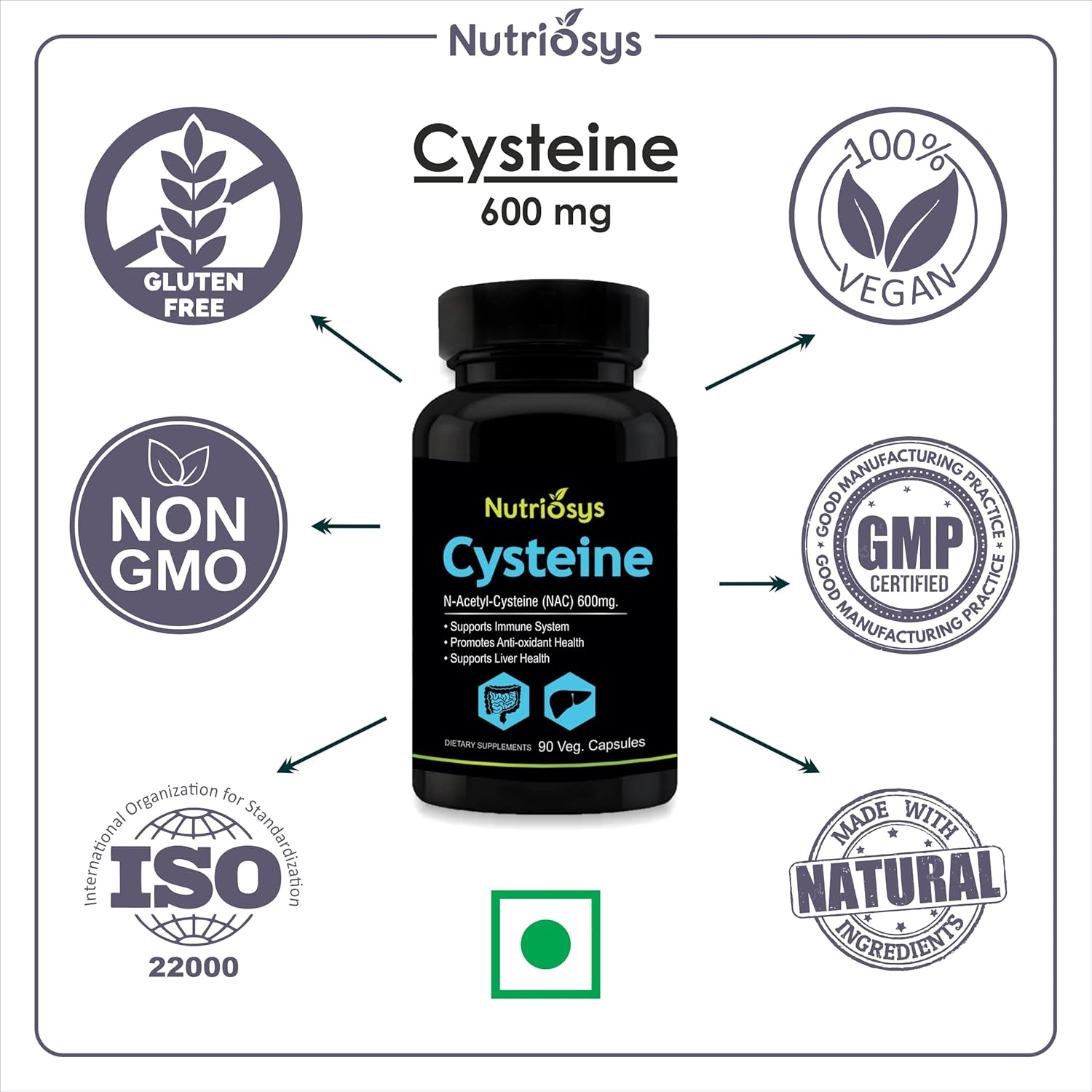Nutriosys Cysteine 600mg - 90 Vegetarian Capsules for Immune System Support