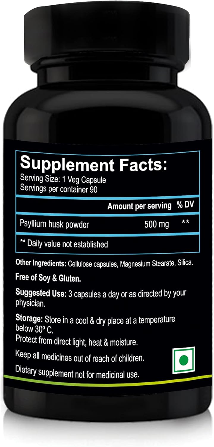 Nutriosys Isabgol Psyllium Husk 500mg Supplement - 90 Veg Capsules, High-Quality Soluble Fiber Source