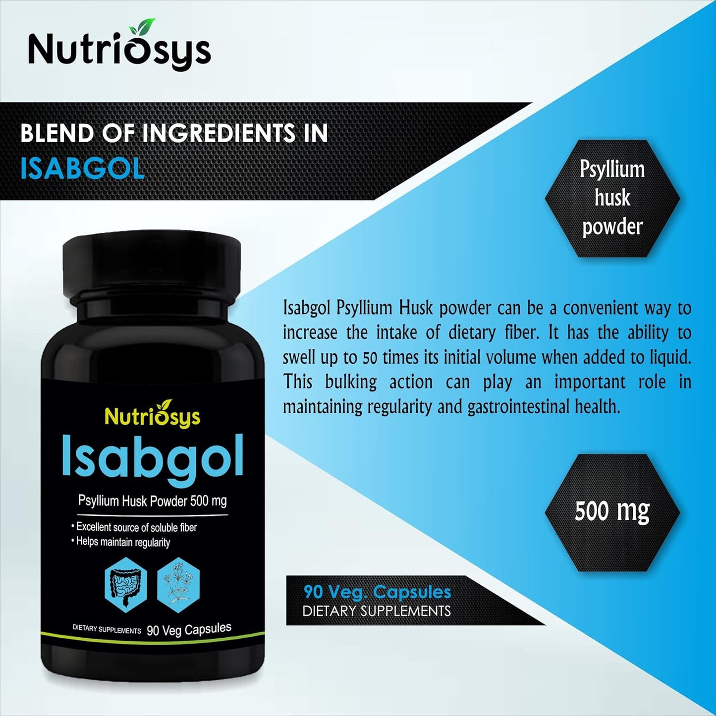 Nutriosys Isabgol Psyllium Husk 500mg Supplement - 90 Veg Capsules, High-Quality Soluble Fiber Source