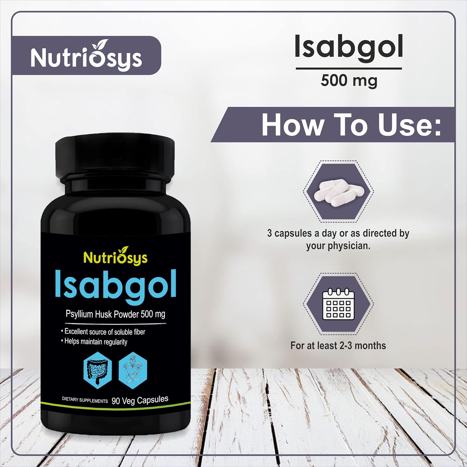 Nutriosys Isabgol Psyllium Husk 500mg Supplement - 90 Veg Capsules, High-Quality Soluble Fiber Source