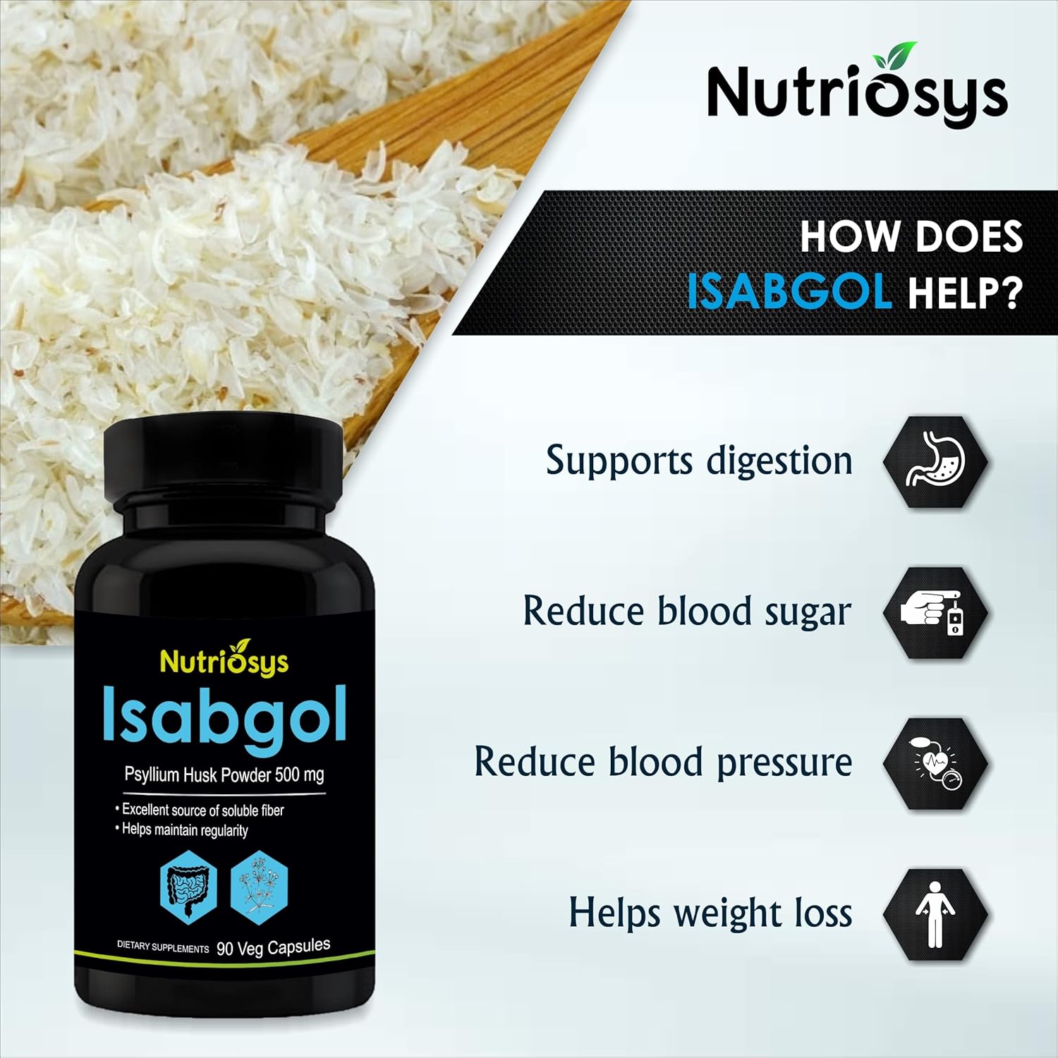 Nutriosys Isabgol Psyllium Husk 500mg Supplement - 90 Veg Capsules, High-Quality Soluble Fiber Source