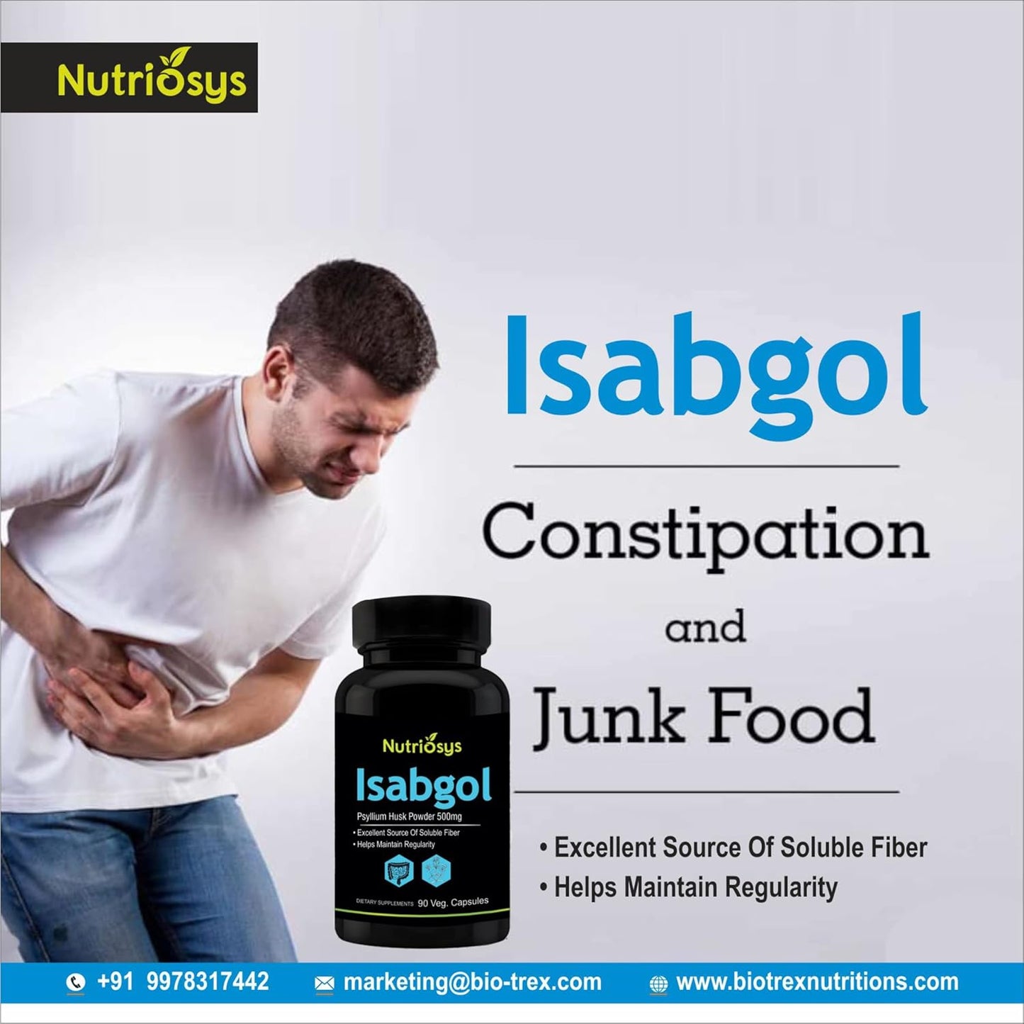 Nutriosys Isabgol Psyllium Husk 500mg Supplement - 90 Veg Capsules, High-Quality Soluble Fiber Source