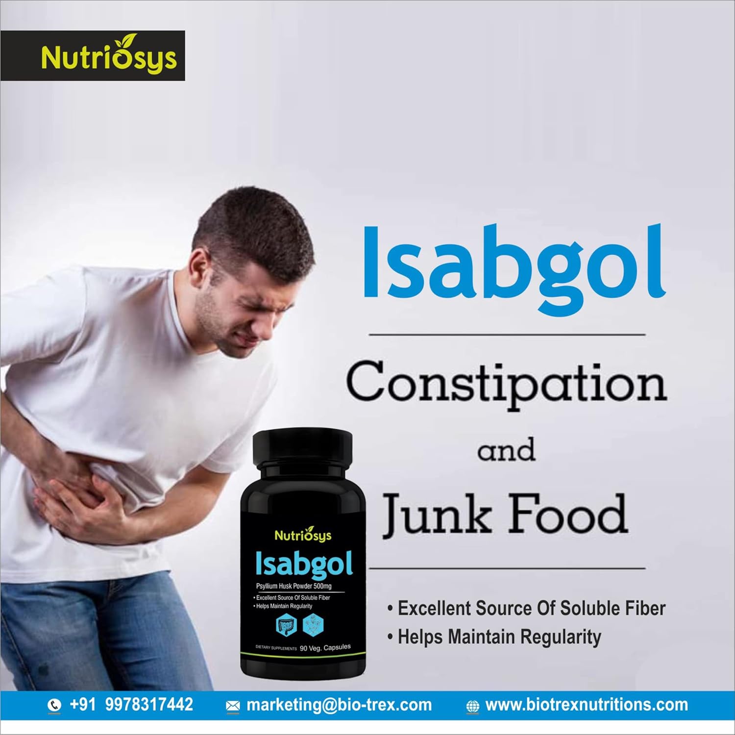 Nutriosys Isabgol Psyllium Husk 500mg Supplement - 90 Veg Capsules, High-Quality Soluble Fiber Source