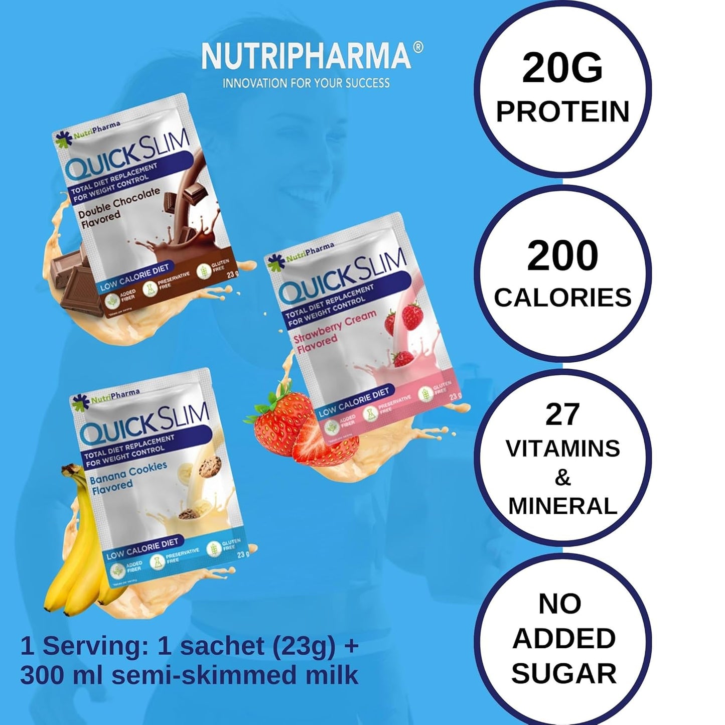 NUTRIPHARMA Quick Slim Meal Replacement Shake - 30 Servings, 20g Protein, 27 Vitamins & Minerals - Weight Loss Shake with Dietary Fiber, Low Carb, Gluten Free