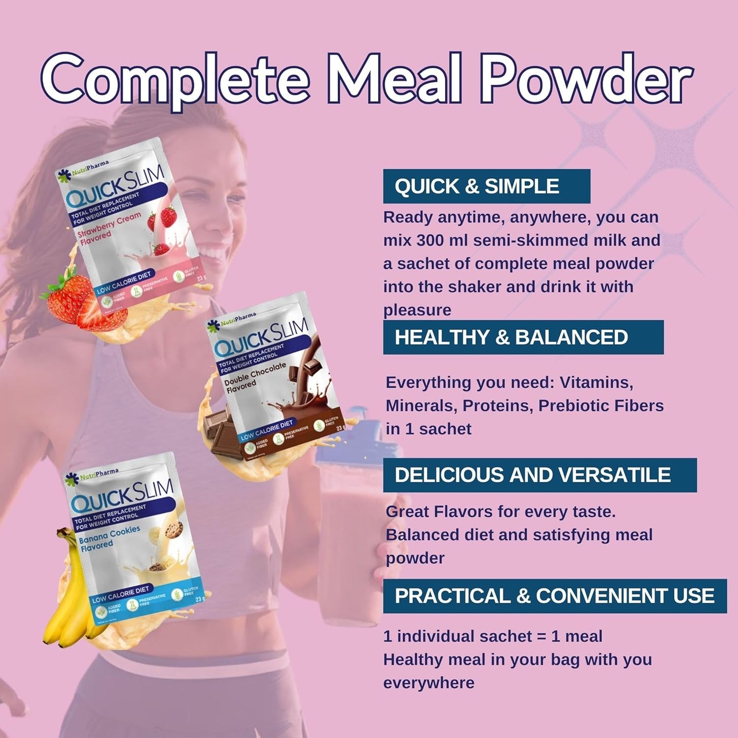 NUTRIPHARMA Quick Slim Meal Replacement Shake - 30 Servings, 20g Protein, 27 Vitamins & Minerals - Weight Loss Shake with Dietary Fiber, Low Carb, Gluten Free