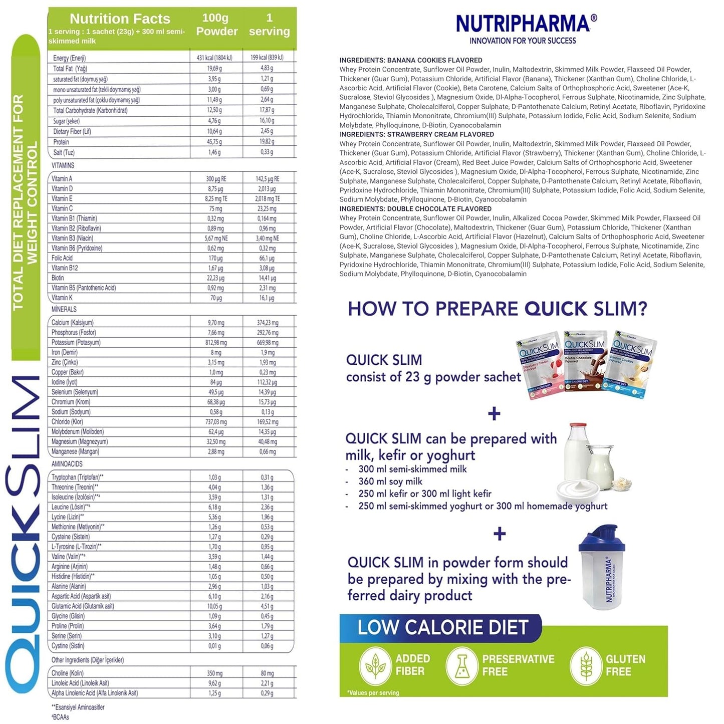 NUTRIPHARMA Quick Slim Meal Replacement Shake - 30 Servings, 20g Protein, 27 Vitamins & Minerals - Weight Loss Shake with Dietary Fiber, Low Carb, Gluten Free