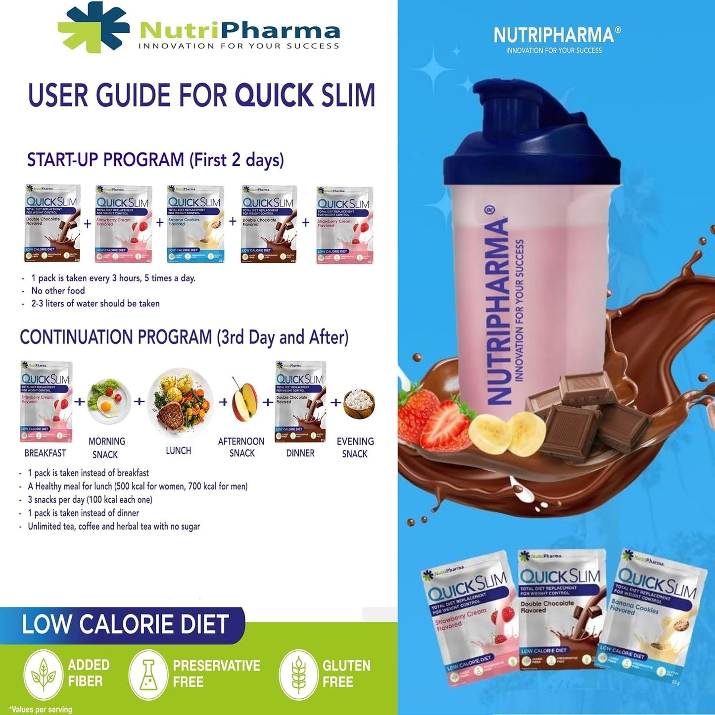 NUTRIPHARMA Quick Slim Meal Replacement Shake - 30 Servings, 20g Protein, 27 Vitamins & Minerals - Weight Loss Shake with Dietary Fiber, Low Carb, Gluten Free