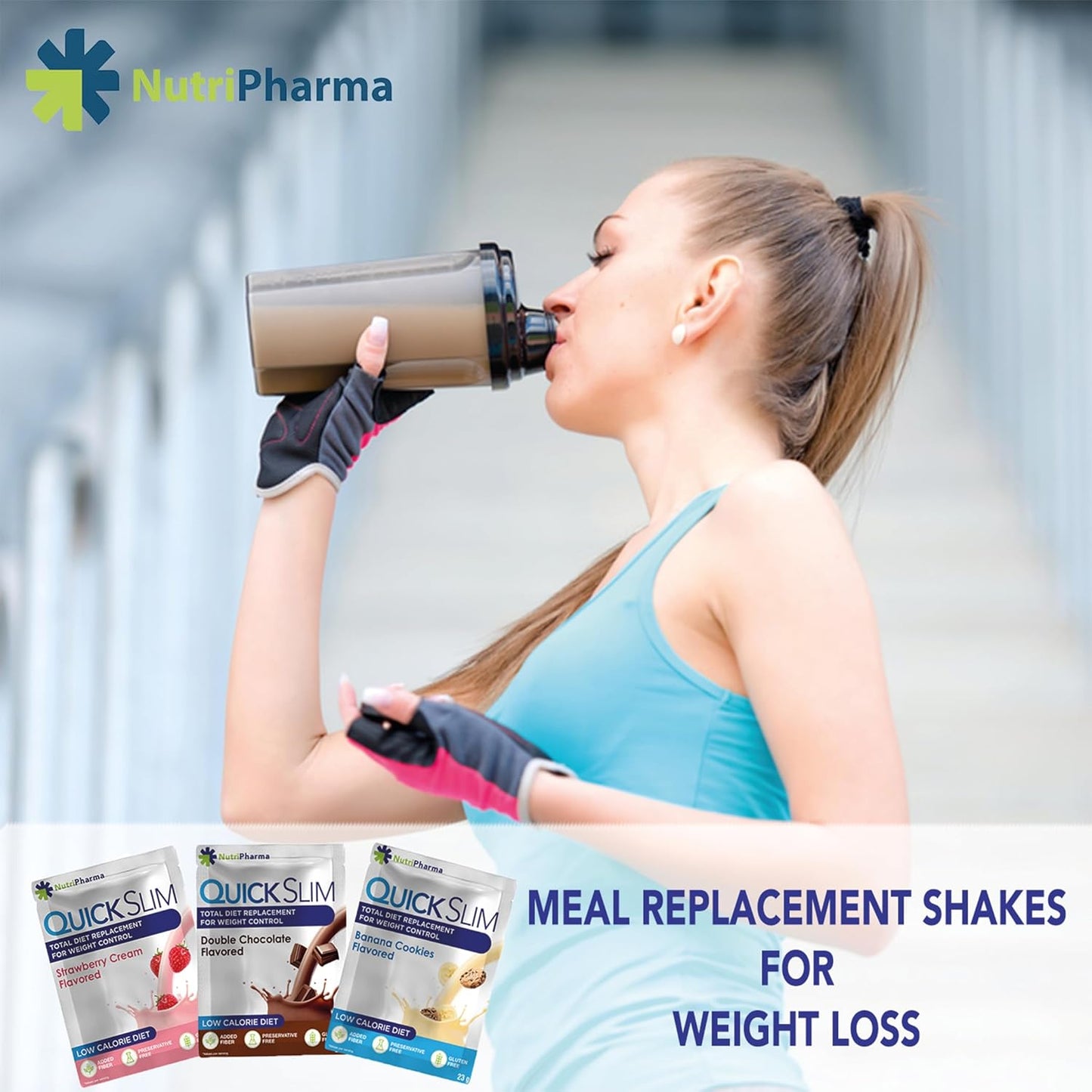 NUTRIPHARMA Quick Slim Meal Replacement Shake - 30 Servings, 20g Protein, 27 Vitamins & Minerals - Weight Loss Shake with Dietary Fiber, Low Carb, Gluten Free