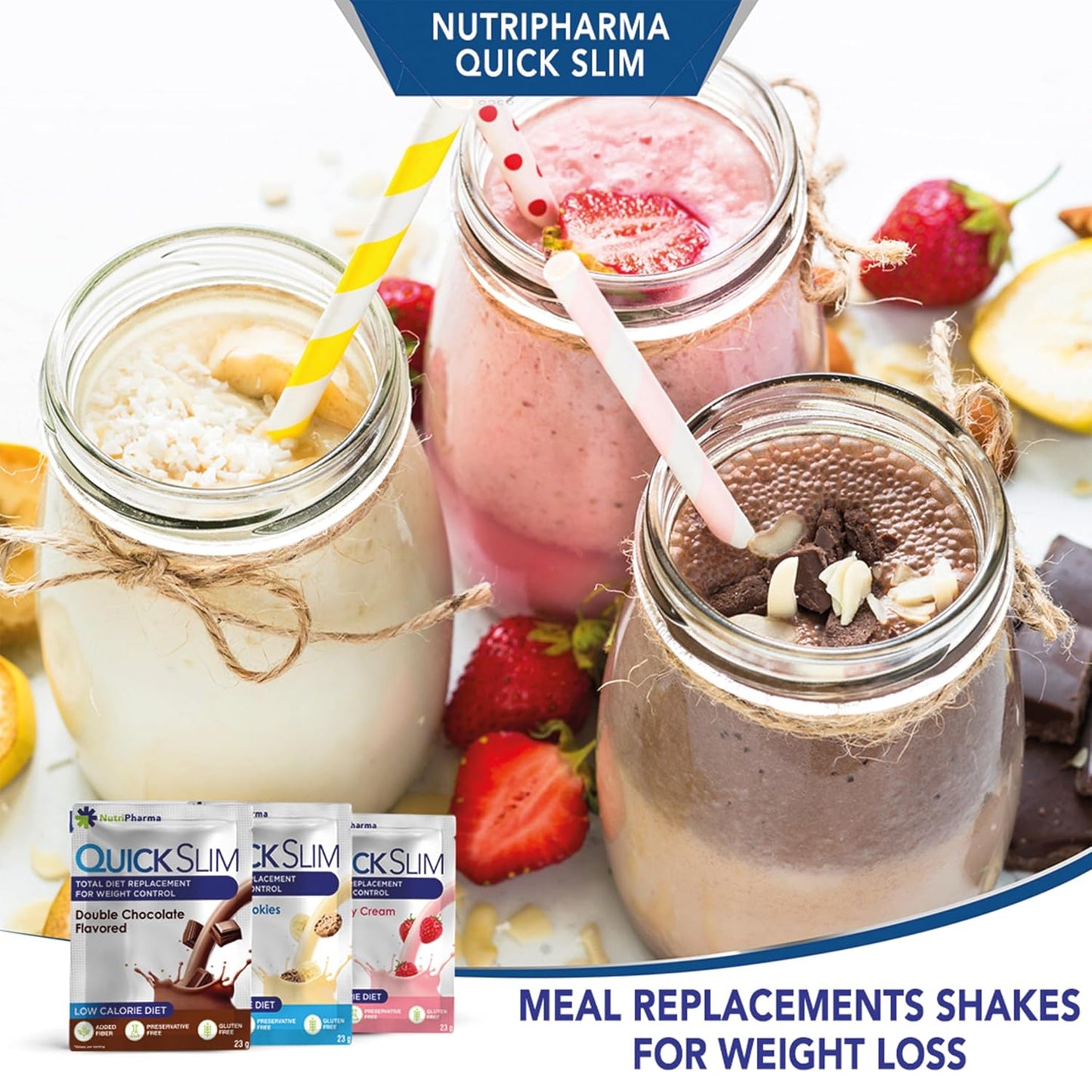 NUTRIPHARMA Quick Slim Meal Replacement Shake - 30 Servings, 20g Protein, 27 Vitamins & Minerals - Weight Loss Shake with Dietary Fiber, Low Carb, Gluten Free