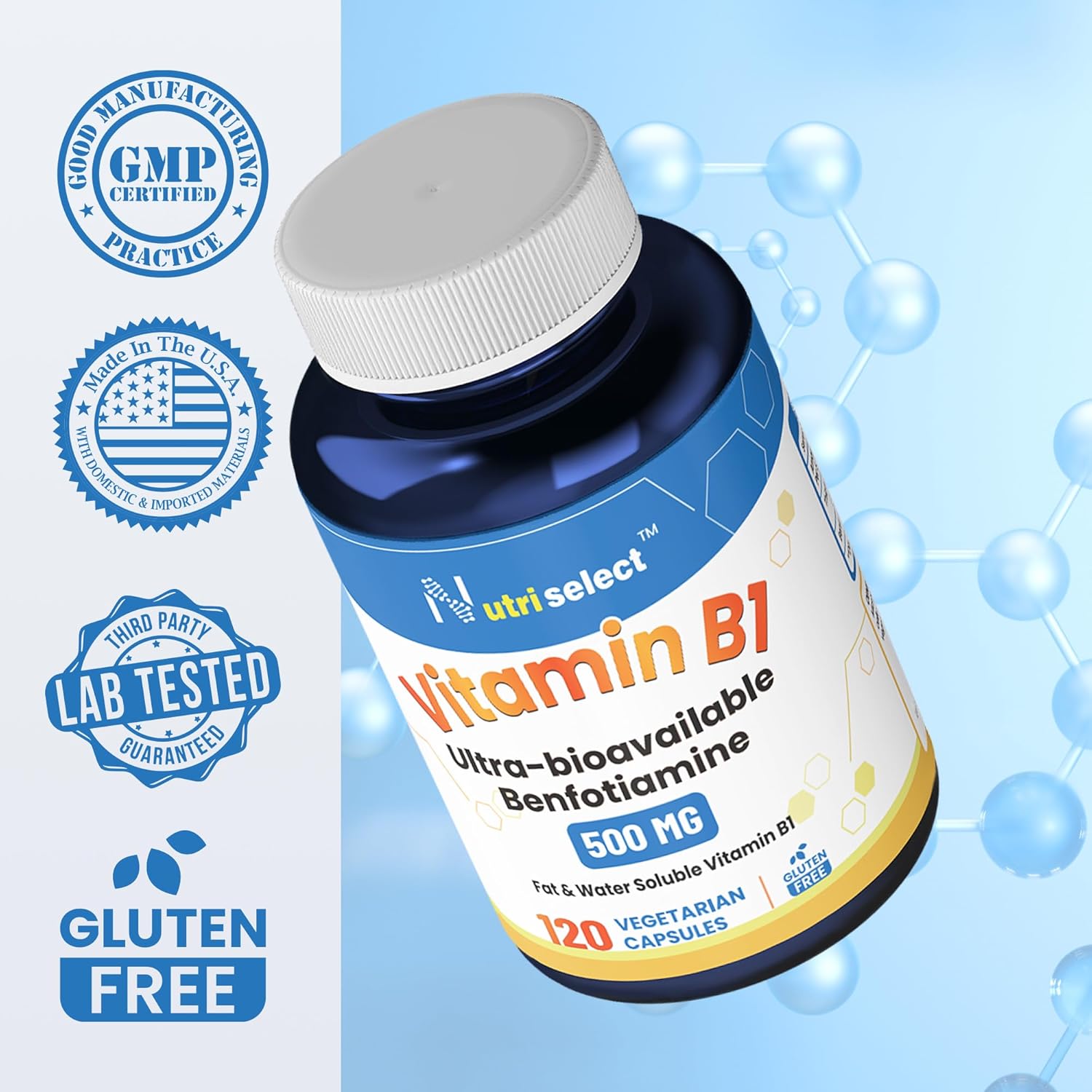 Nutriselect Benfotiamine 500MG Vitamin B1 Capsules - 120 Count, Non-GMO, Vegan, Gluten Free