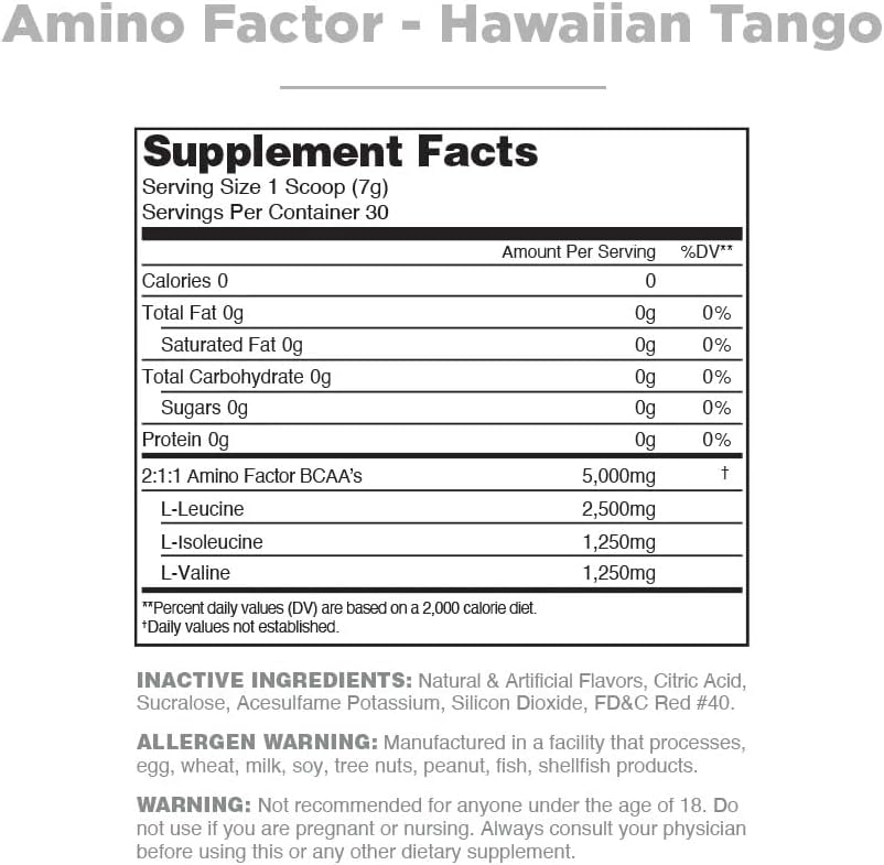 Nutrithority Amino Factor Hawaiian Tango BCAAs - 30 Servings, Sugar-Free Intra & Post-Workout Drink for Muscle Recovery & Hydration