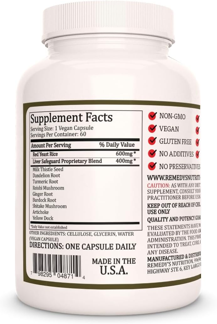 Nutrition Red Yeast Rice with Liver Support | 1,000mg, 60 Vegan Capsules Herbal Supplement | Non-GMO, Gluten-Free, Dairy-Free