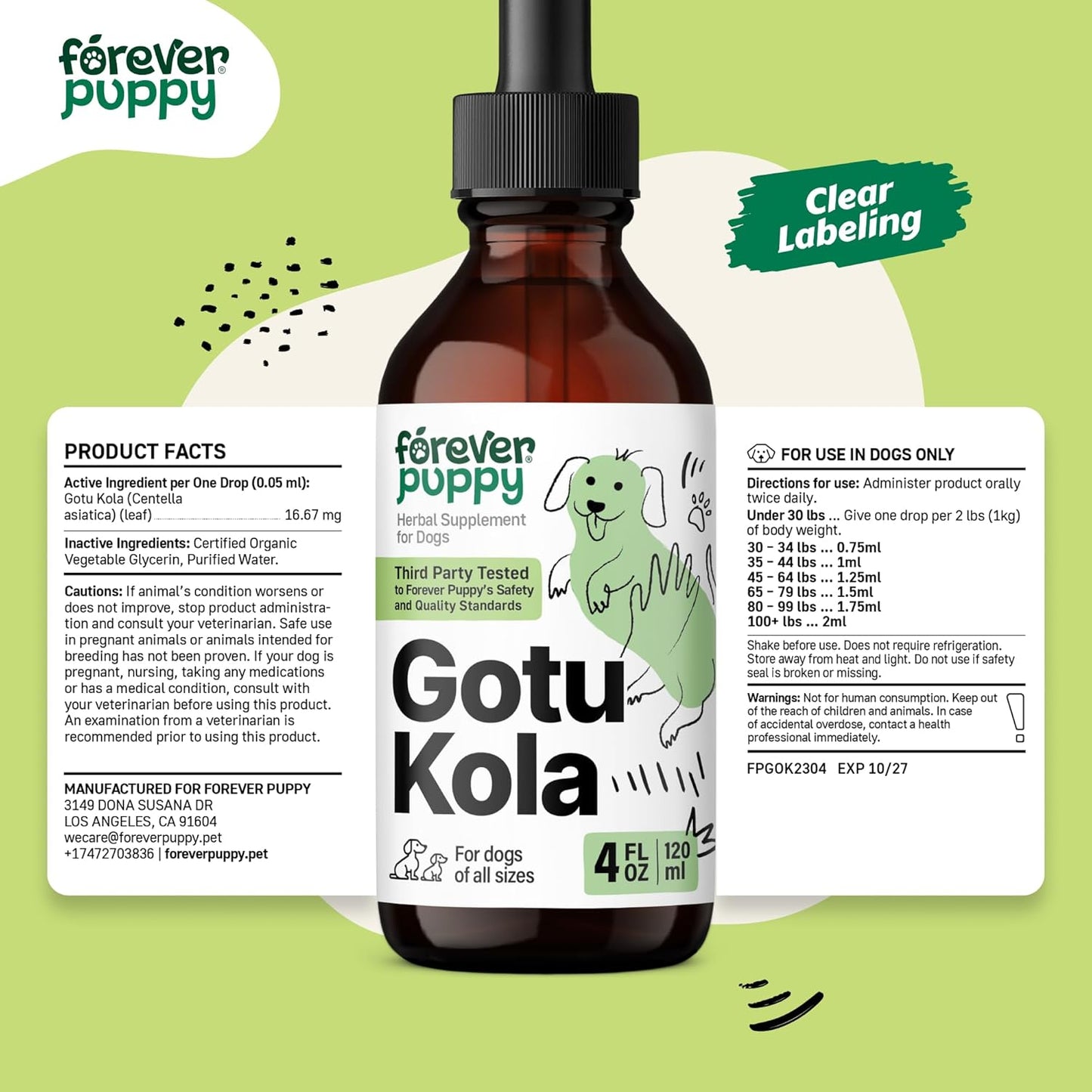 Nutritional Brain Supplement for Dogs - Gotu Kola Drops with Centella Asiatica Extract - Brain Health Support for All Breeds - 4 oz