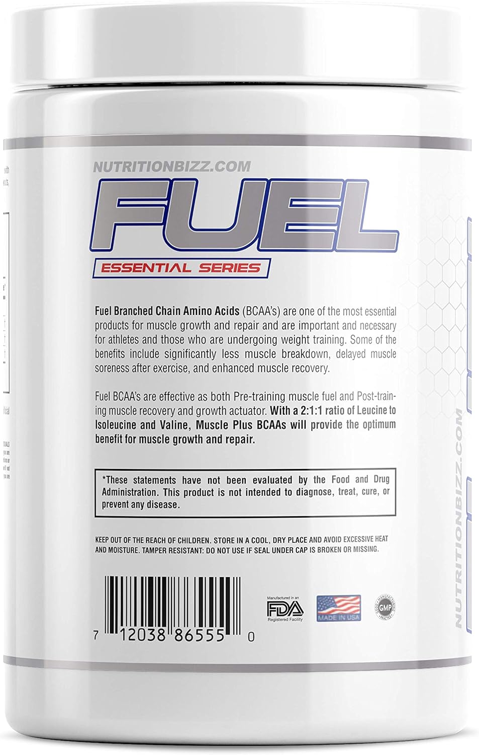 NutritionBizz Fuel BCAA Powder - 5g BCAAs Amino Acids - Post-Workout Recovery Drink - Muscle Building & Endurance - 30 Servings