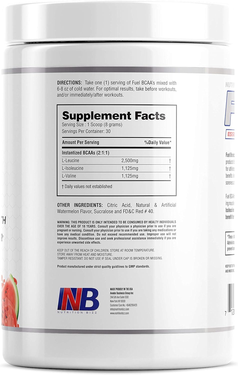 NutritionBizz Fuel BCAA Powder - 5g BCAAs Amino Acids - Post-Workout Recovery Drink - Muscle Building & Endurance - 30 Servings