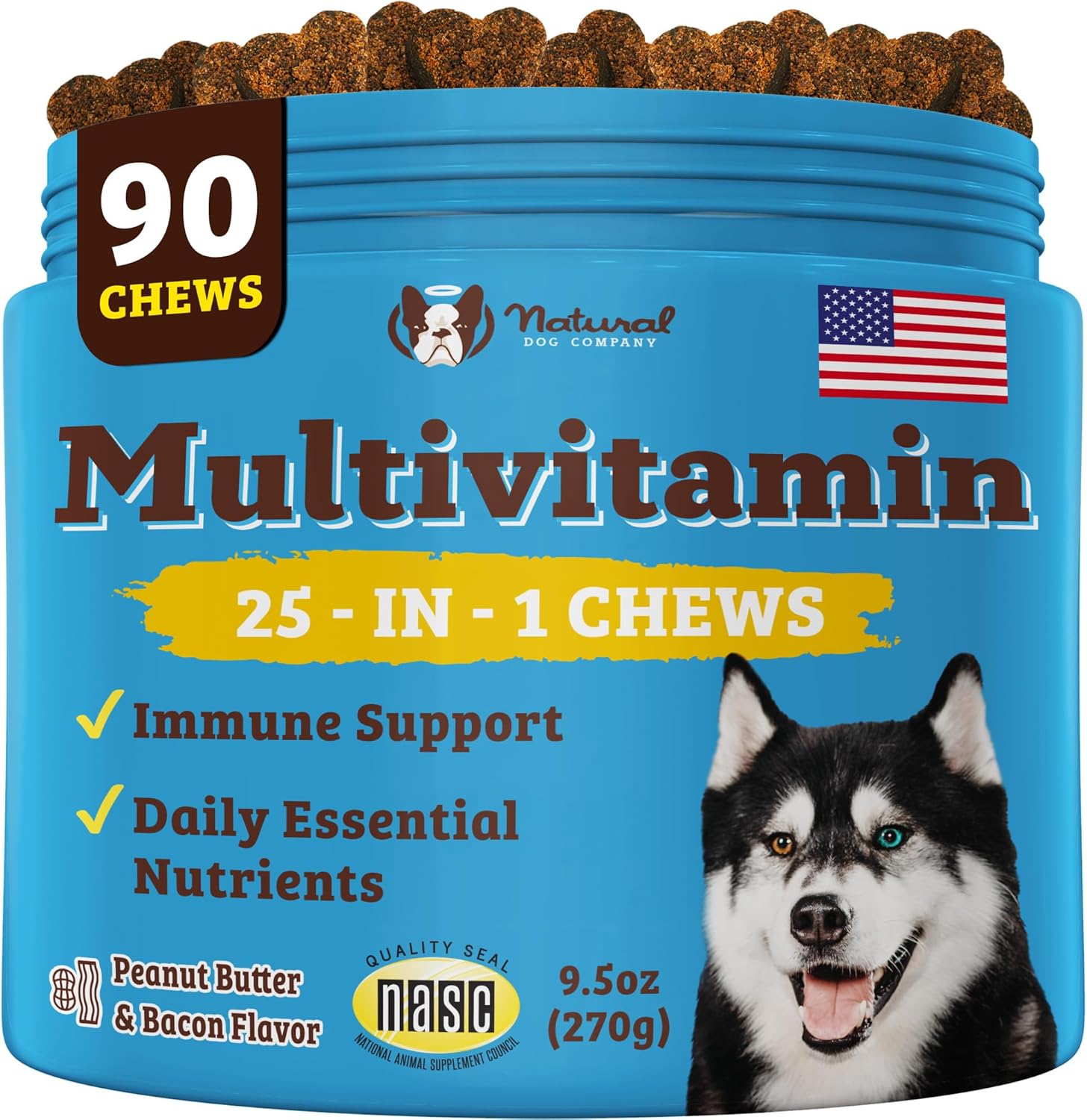 Nutritious Dog Vitamins: Natural Multivitamin Chews (90 pcs) with Peanut Butter & Bacon Flavor, Supports Immune System & Antioxidant, All Ages & Breeds