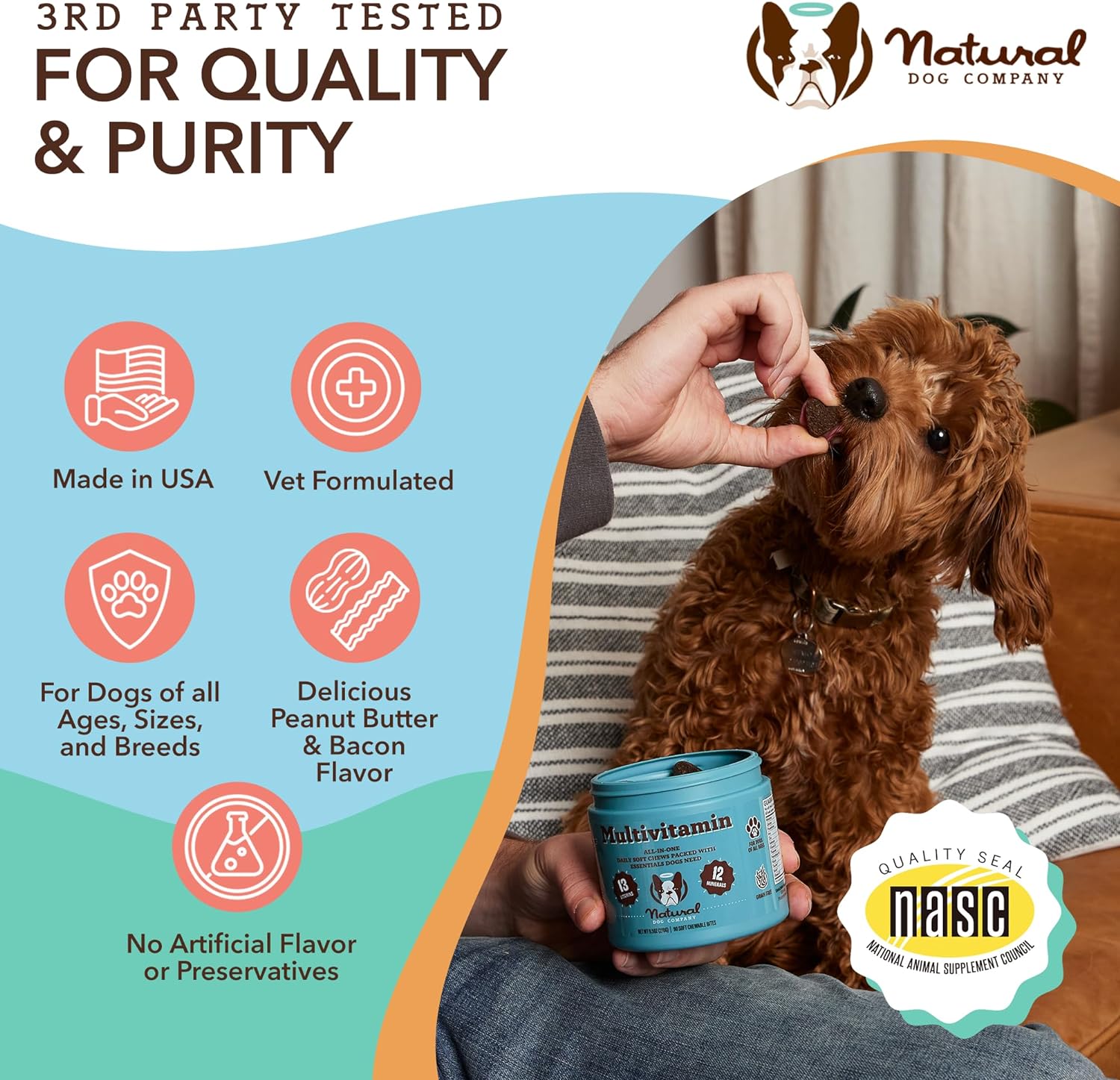 Nutritious Dog Vitamins: Natural Multivitamin Chews (90 pcs) with Peanut Butter & Bacon Flavor, Supports Immune System & Antioxidant, All Ages & Breeds