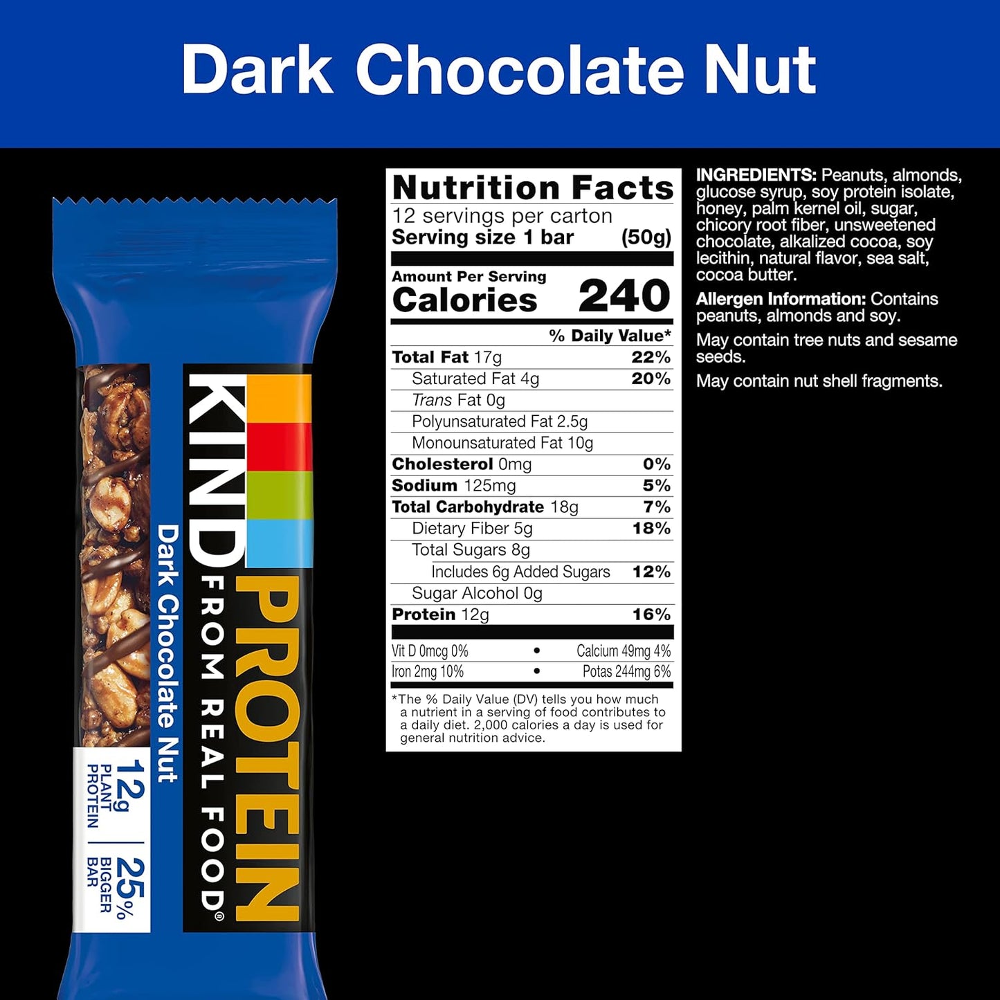 Nutritious KIND Dark Chocolate Nut Protein Bars - Gluten Free Healthy Snacks with 12g Protein, 12 Count Pack