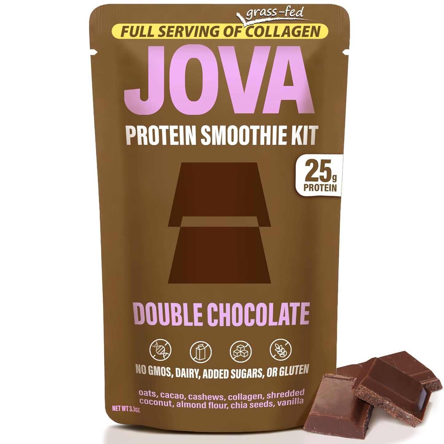 Nutritious Superfood Meal Replacement - Jova Jova All-in-One Blend with Oats, Cacao, Cashews, Collagen, and Chia Seed - 25g Protein, 11g Fiber, 2g Sugar - Double Chocolate, Single Serve