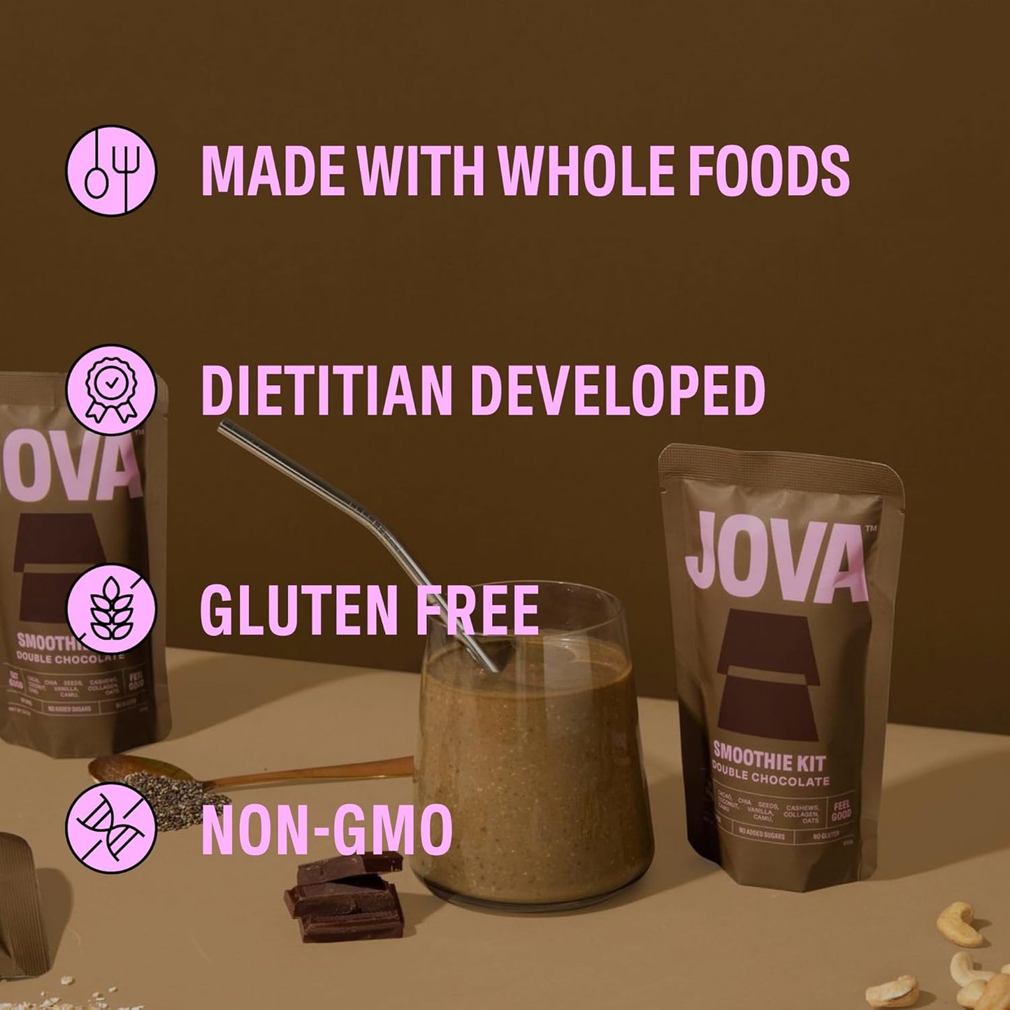 Nutritious Superfood Meal Replacement - Jova Jova All-in-One Blend with Oats, Cacao, Cashews, Collagen, and Chia Seed - 25g Protein, 11g Fiber, 2g Sugar - Double Chocolate, Single Serve
