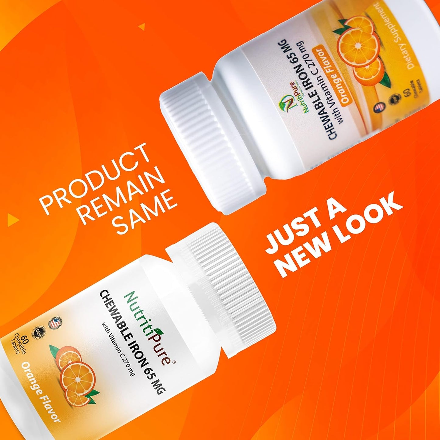 NutritiPure Chewable Iron 65 mg with Vitamin C 270 mg - Orange Flavor Tablets 60 Count