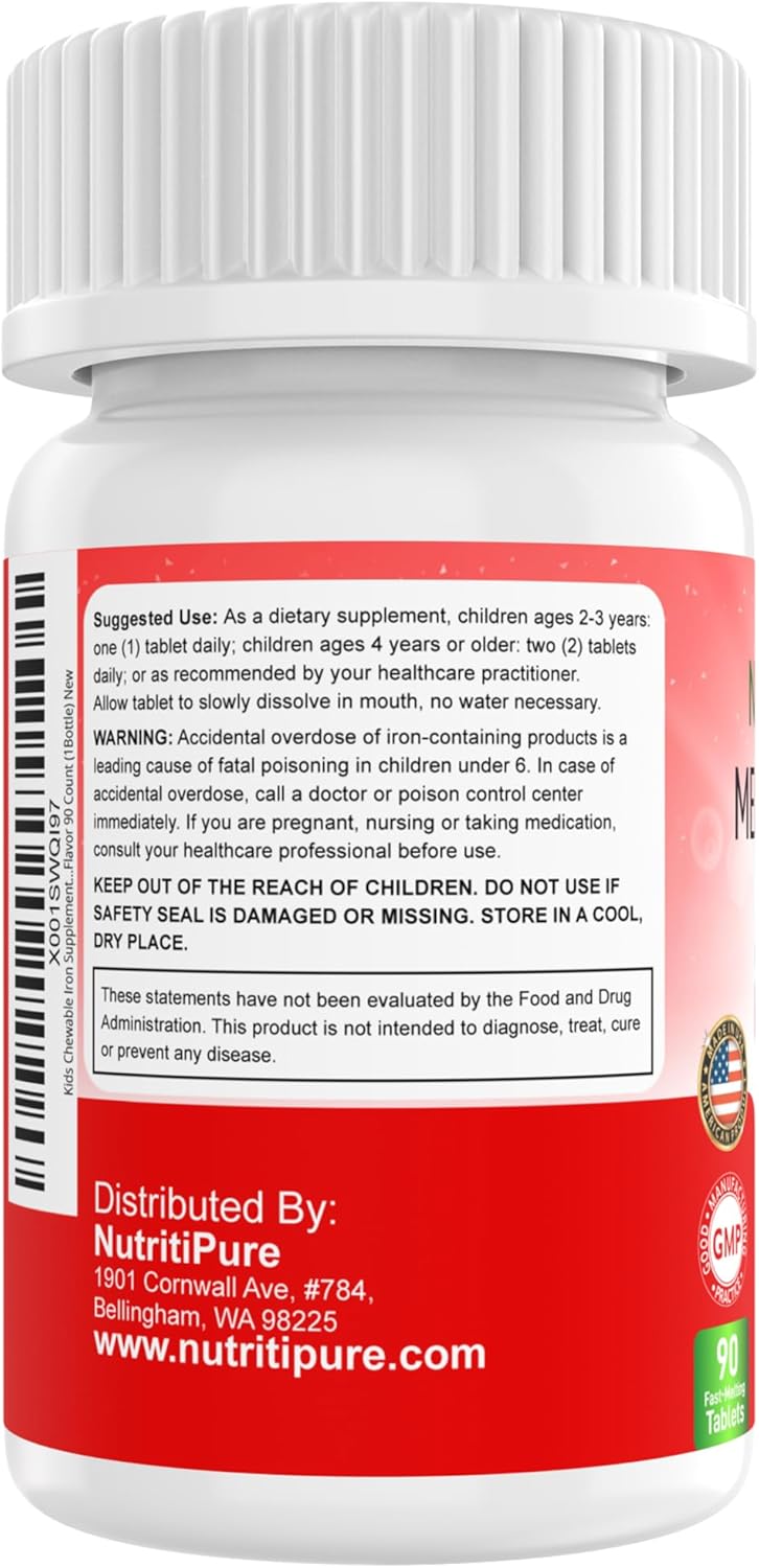 NutritiPure Chewable Iron Supplements for Kids - Ferronyl/Carbonyl Iron with Vitamin C - Tangerine Tango Flavor - 90 Count (2 Bottles)