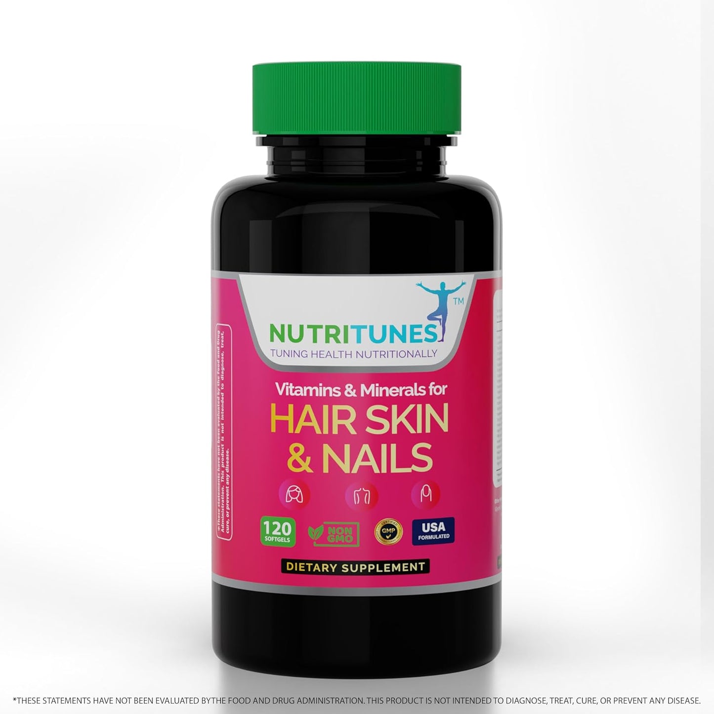 Nutritunes Hair, Skin, & Nails Multivitamins with Biotin, Folate, Vitamin C, D3, E B-6 & B-12 - Supports Nail, Skin, & Hair Health - Non-GMO, GMP-Certified (120 Softgel Capsules)