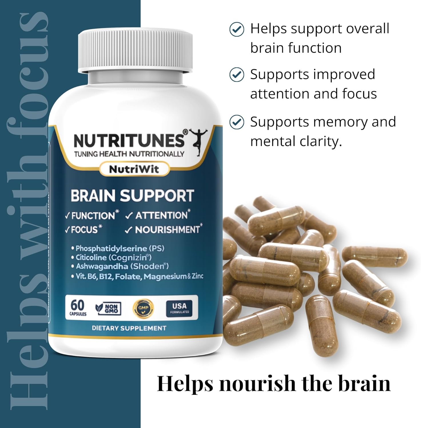 Nutritunes NutriWit - Cognitive Function Supplement for Brain Health and Focus - Non-GMO, Gluten-Free - 60 Capsules