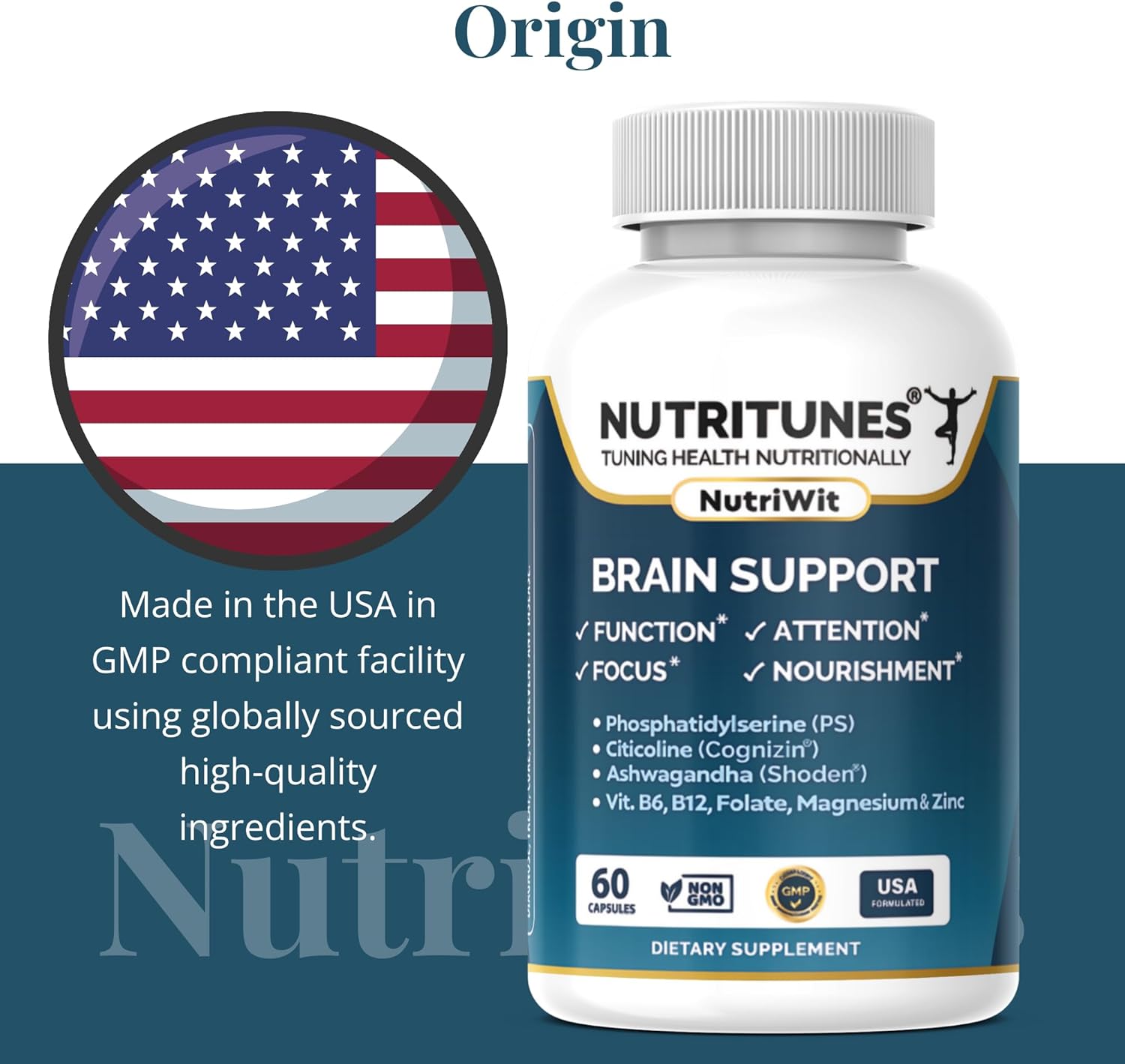 Nutritunes NutriWit - Cognitive Function Supplement for Brain Health and Focus - Non-GMO, Gluten-Free - 60 Capsules
