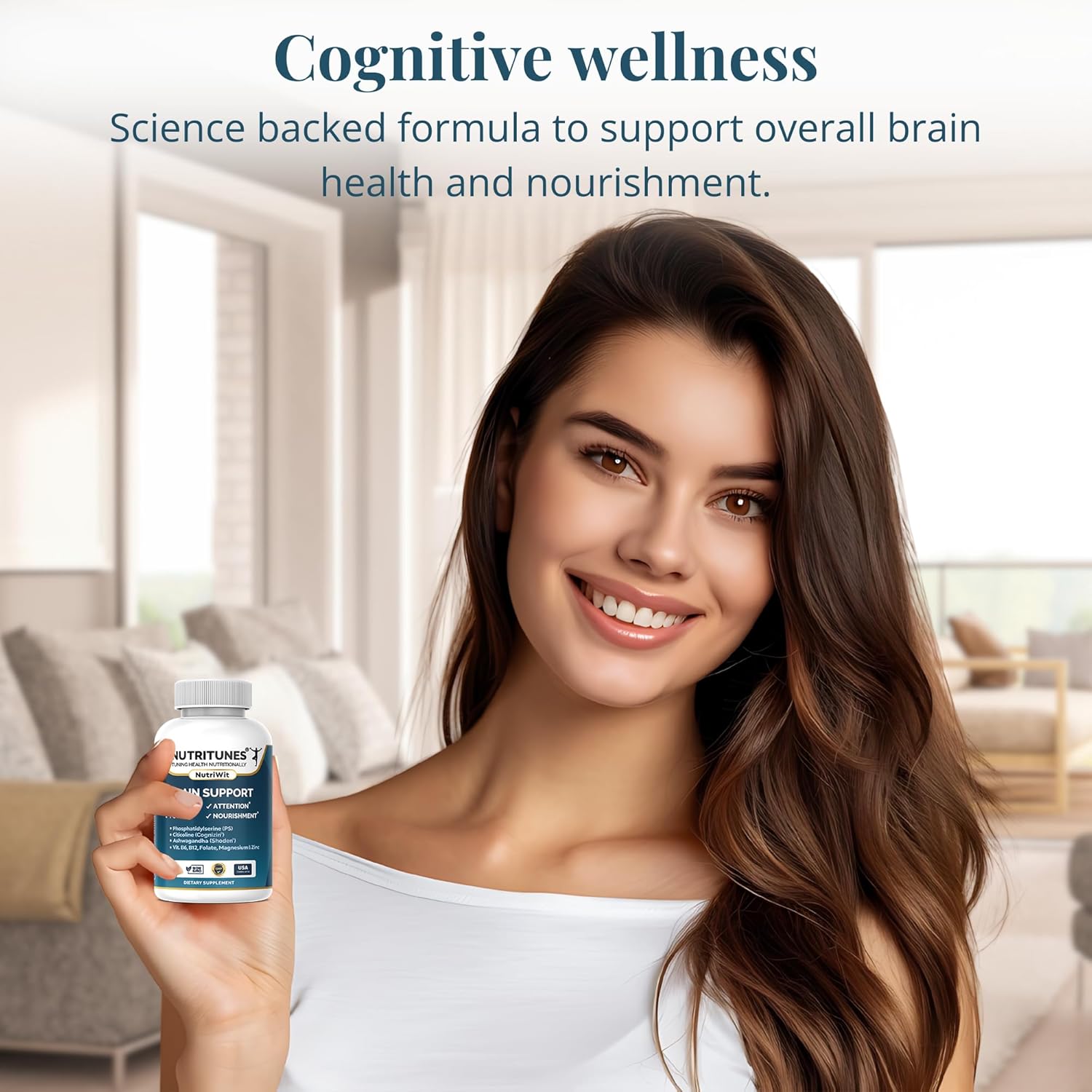 Nutritunes NutriWit - Cognitive Function Supplement for Brain Health and Focus - Non-GMO, Gluten-Free - 60 Capsules