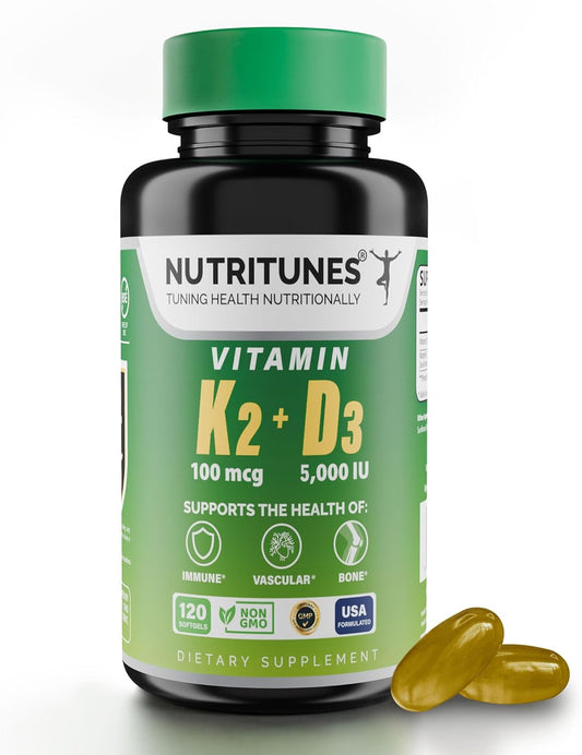 Nutritunes Vitamin K2 + D3 Softgels - Heart, Bone, & Immune Support - 100 mcg K2 (MK-7) & 5000 IU D3 - Non-GMO - 120 Softgels, 4-Month Supply
