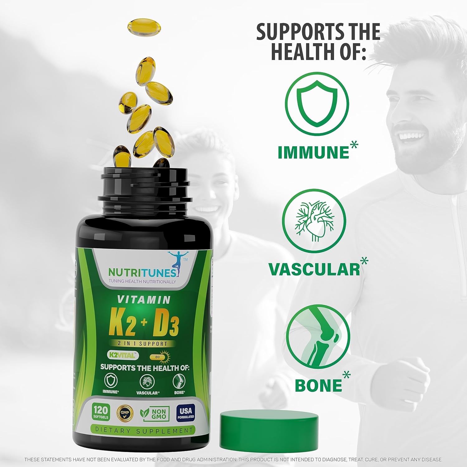 Nutritunes Vitamin K2 + D3 Softgels - Heart, Bone, & Immune Support - 100 mcg K2 (MK-7) & 5000 IU D3 - Non-GMO - 120 Softgels, 4-Month Supply