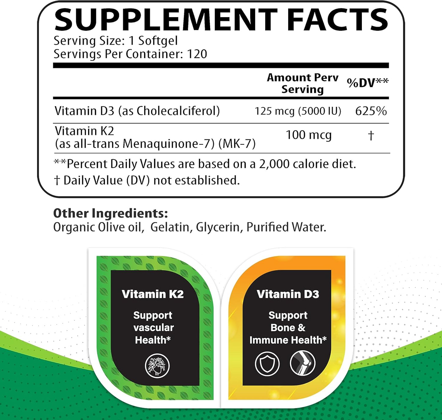 Nutritunes Vitamin K2 + D3 Softgels - Heart, Bone, & Immune Support - 100 mcg K2 (MK-7) & 5000 IU D3 - Non-GMO - 120 Softgels, 4-Month Supply