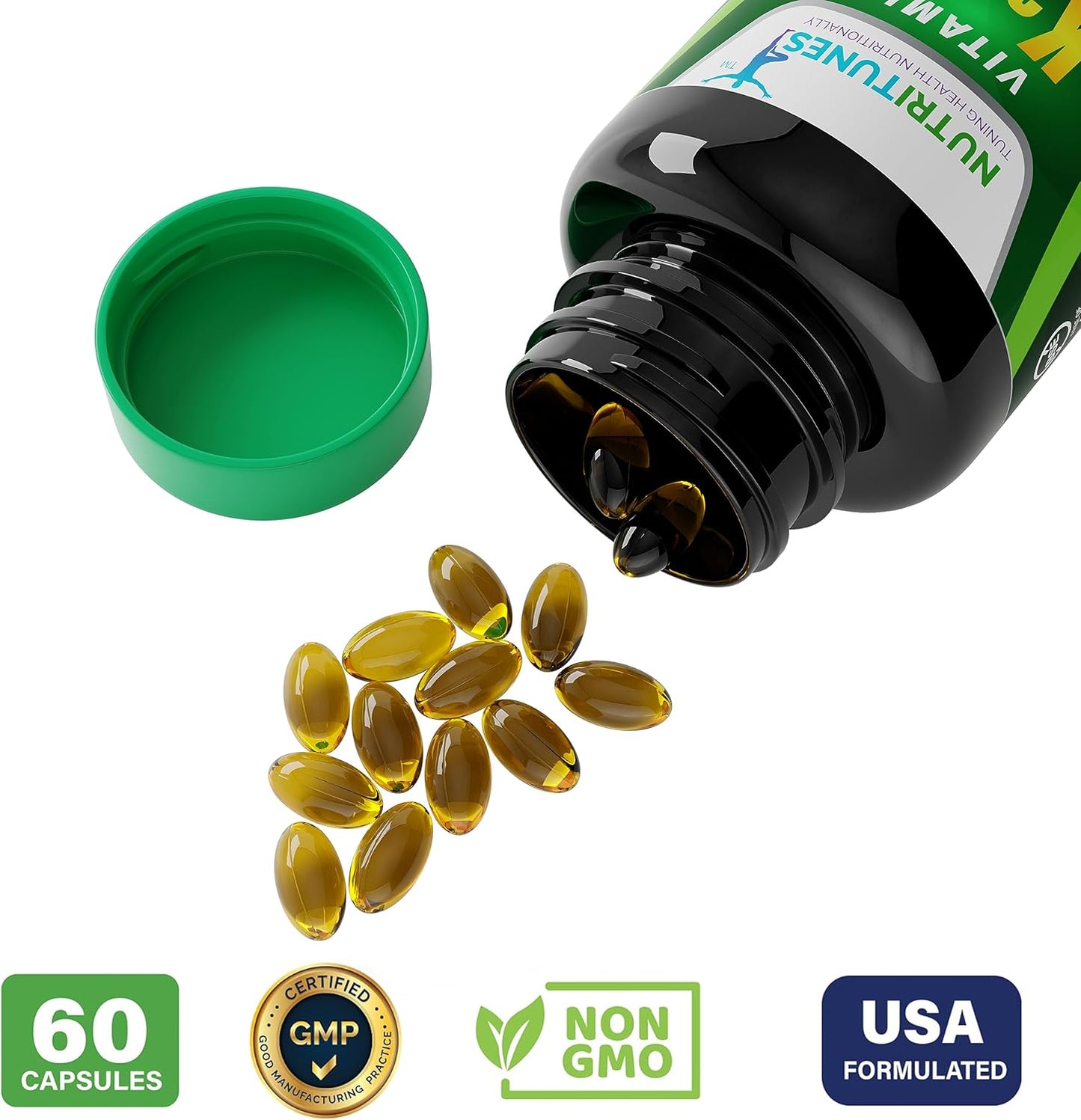 Nutritunes Vitamin K2 + D3 Softgels - Heart, Bone, & Immune Support - 100 mcg K2 (MK-7) & 5000 IU D3 - Non-GMO - 120 Softgels, 4-Month Supply