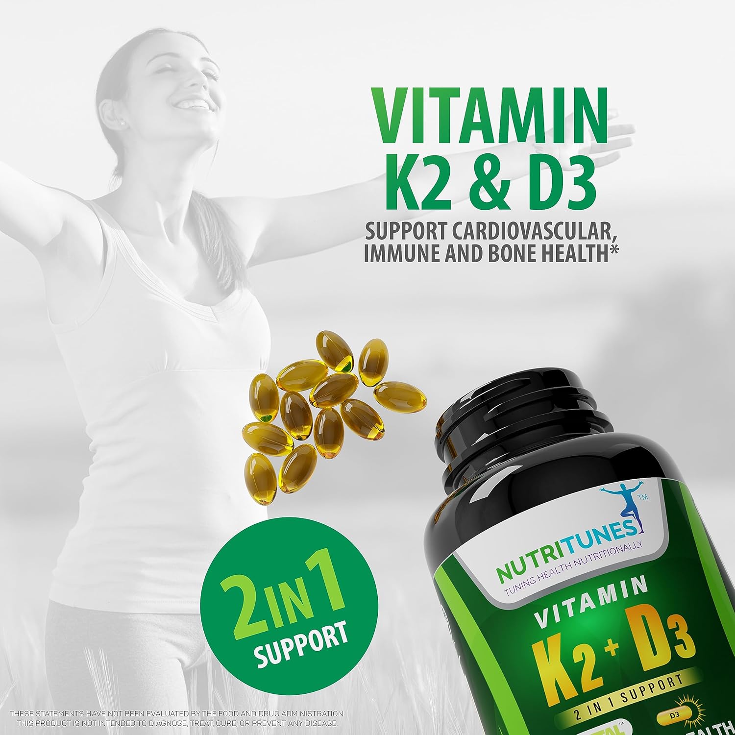 Nutritunes Vitamin K2 + D3 Softgels - Heart, Bone, & Immune Support - 100 mcg K2 (MK-7) & 5000 IU D3 - Non-GMO - 120 Softgels, 4-Month Supply