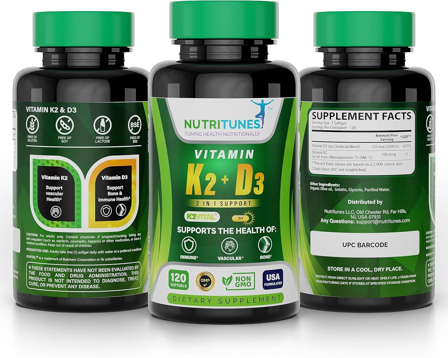 Nutritunes Vitamin K2 + D3 Softgels - Heart, Bone, & Immune Support - 100 mcg K2 (MK-7) & 5000 IU D3 - Non-GMO - 120 Softgels, 4-Month Supply