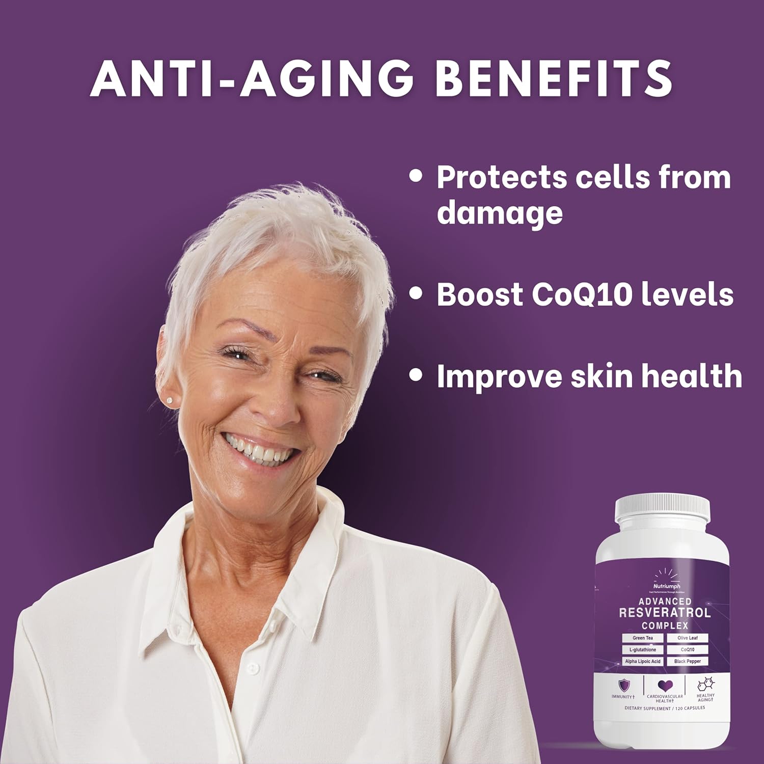 Nutriumph Resveratrol Complex with CoQ10, Olive Leaf, Green Tea, L-Glutathione, Alpha Lipoic Acid & Black Pepper - 120 Capsules