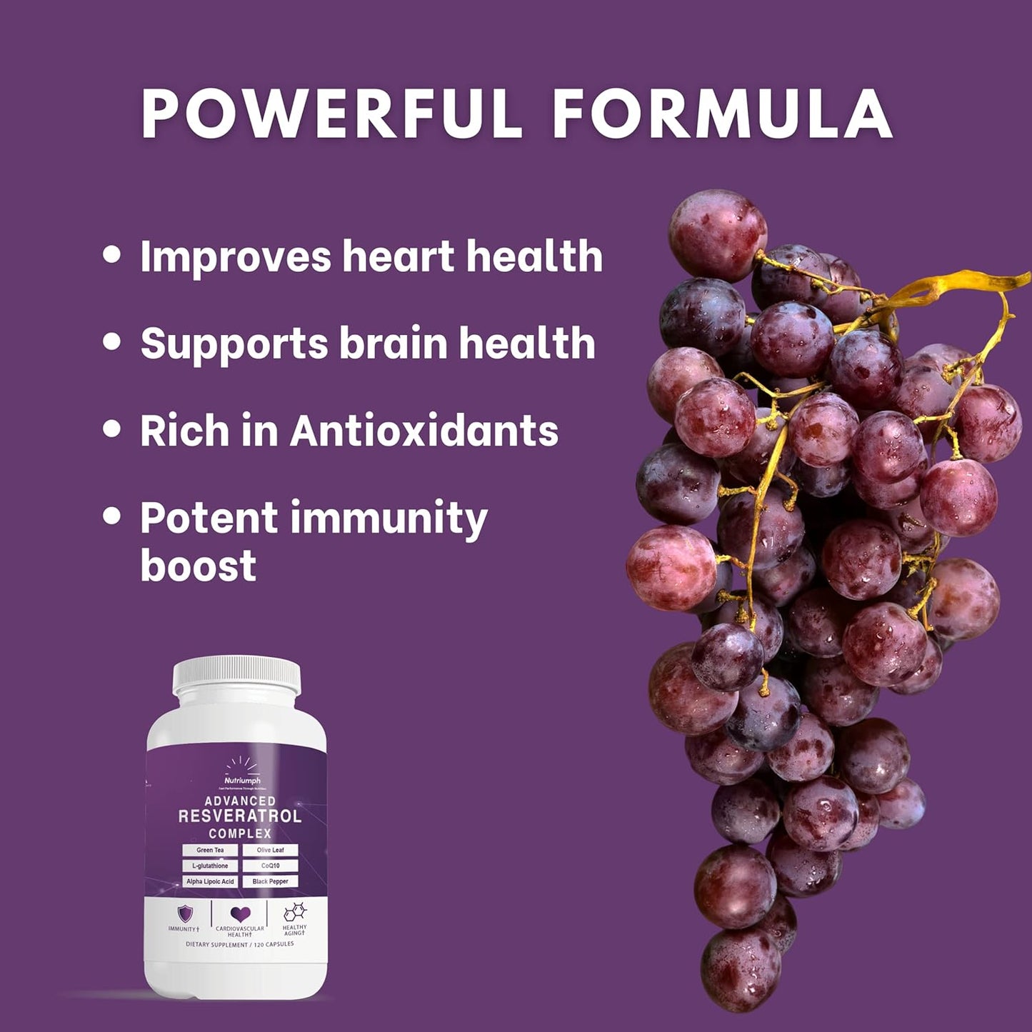 Nutriumph Resveratrol Complex with CoQ10, Olive Leaf, Green Tea, L-Glutathione, Alpha Lipoic Acid & Black Pepper - 120 Capsules